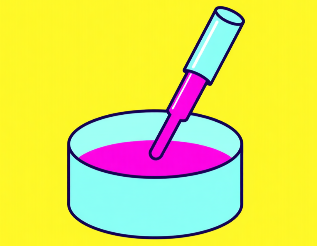 Vector illustration of a laboratory petri dish containing pink fluid with a pipette or dropper, symbolizing assisted reproductive technology, IVF, and fertility science.