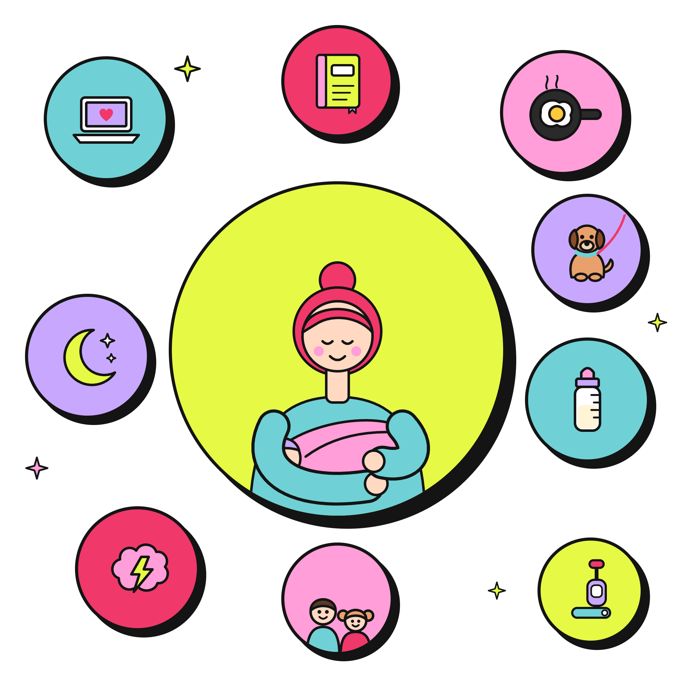 Illustration of a postpartum mother cradling her baby, highlighting matrescence nutrition, sleep, and mental wellness.