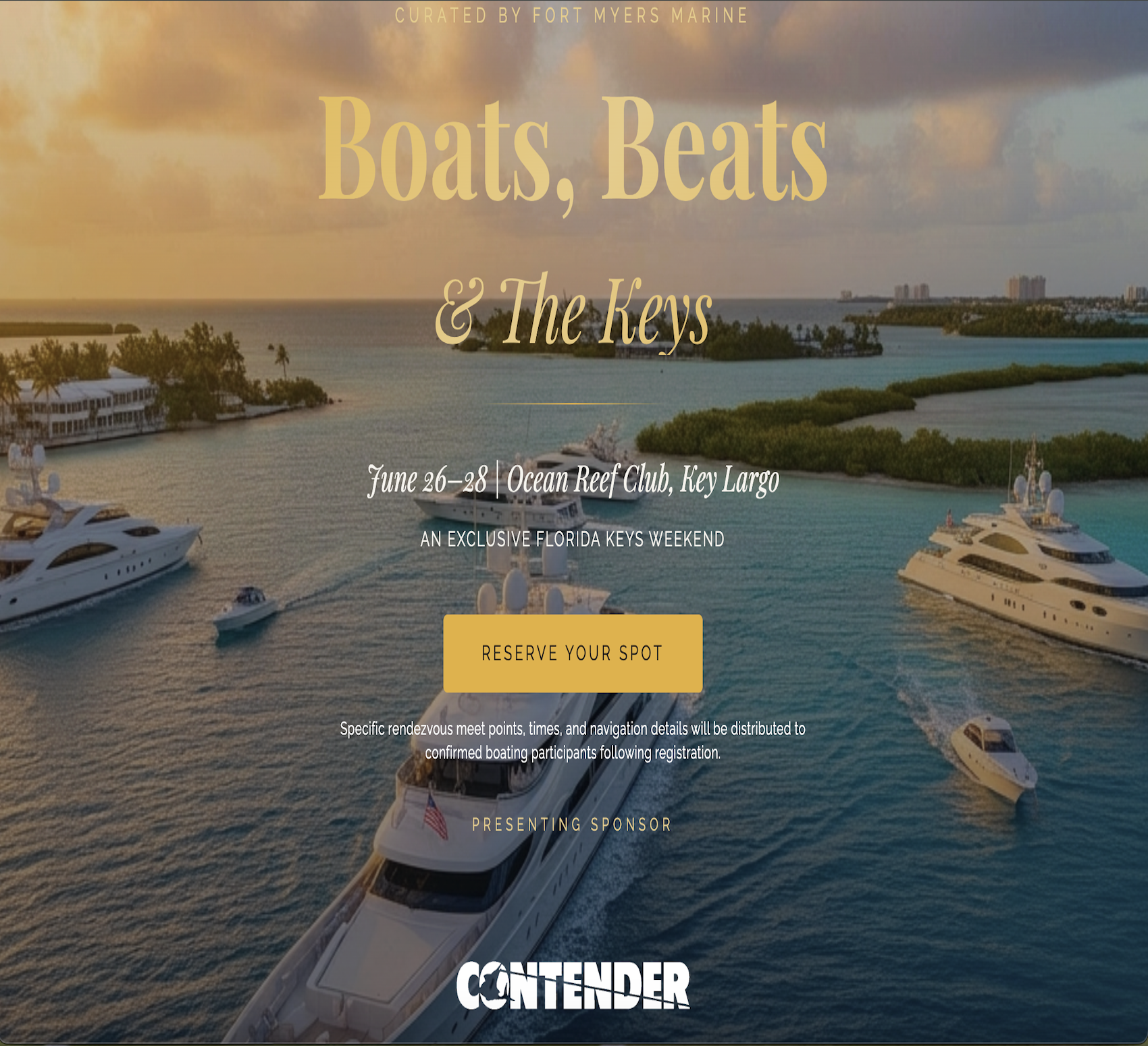 Aerial view of luxury yachts anchored in a tropical waterway near Key Largo during sunset, with a shoreline and high-rise buildings in the distance.