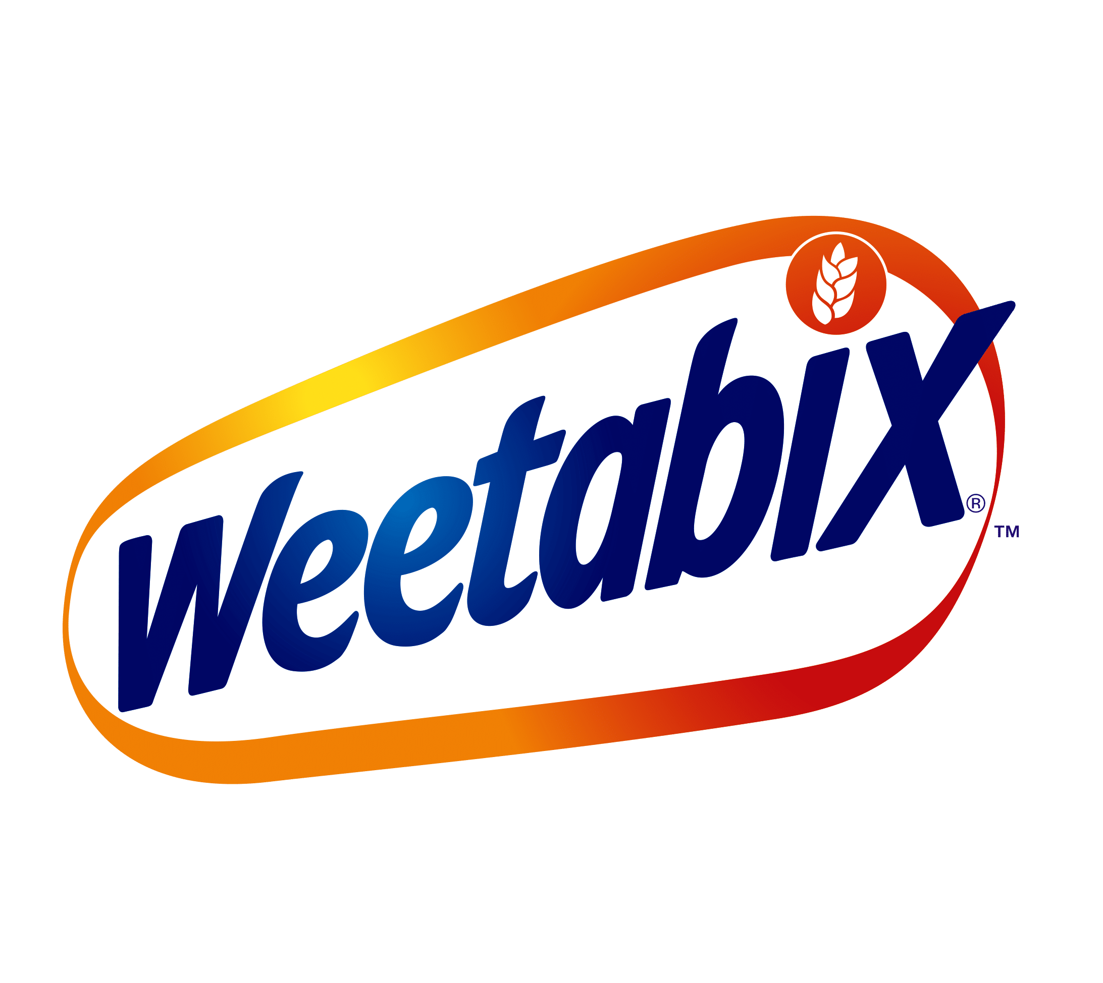 Weetabix logo with blue text, orange border, and wheat icon on white background