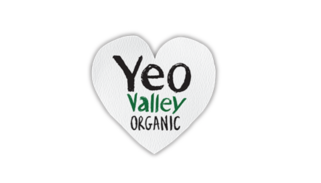 Logo with a white heart containing the words "Yeo Valley Organic" in black and green text.