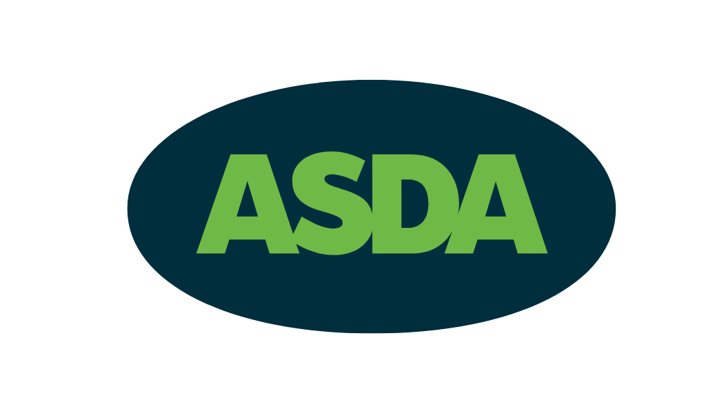 ASDA logo in green letters within a dark oval background.