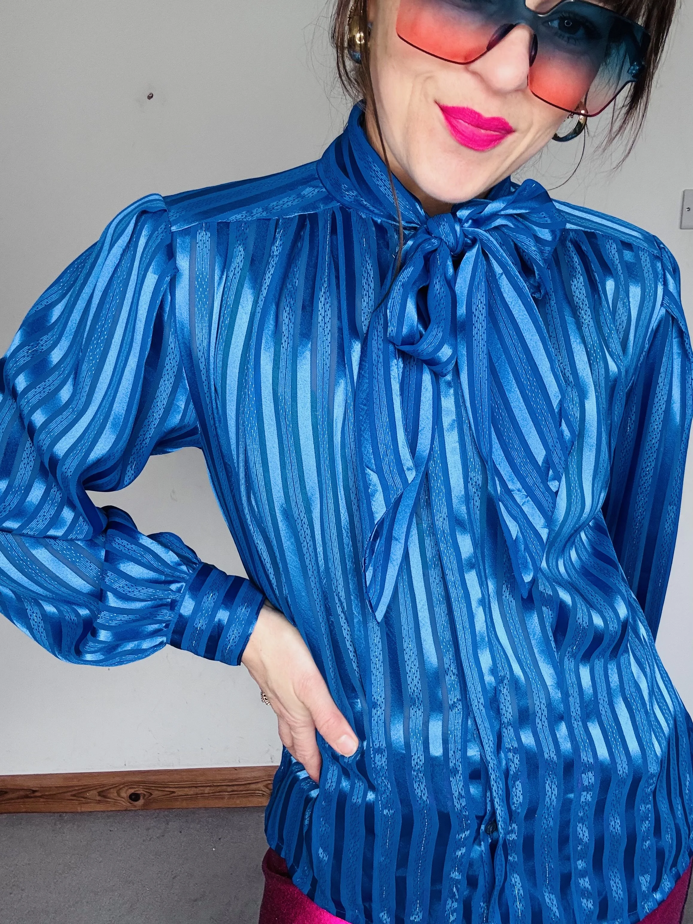 80’s Electric blue pussy bow blouse