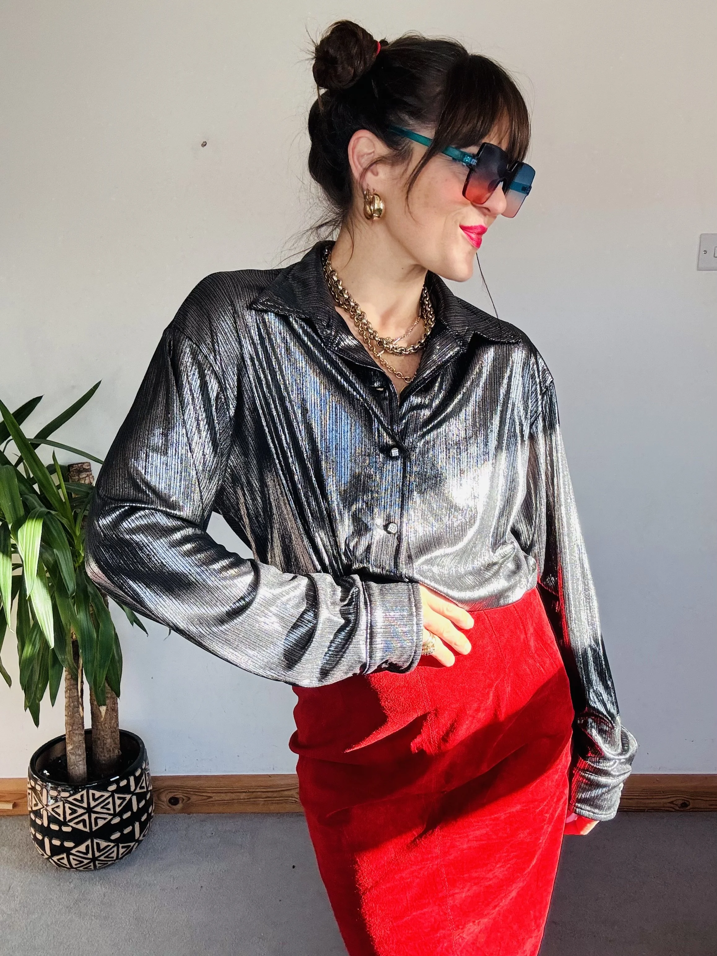 Metallic liquid silver party blouse