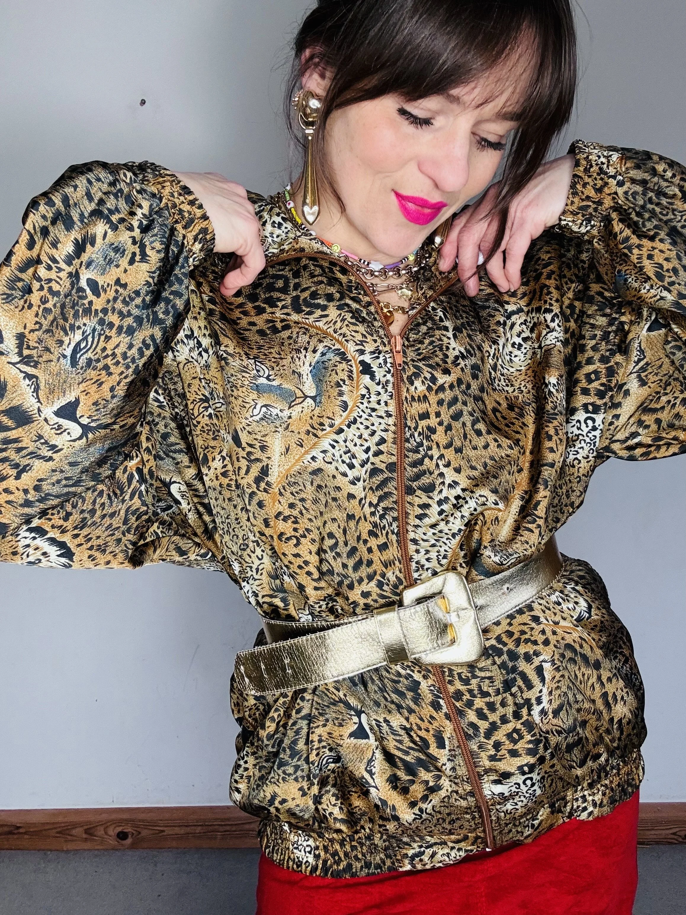 Crazy 1980s cheetah animal bomber jacket