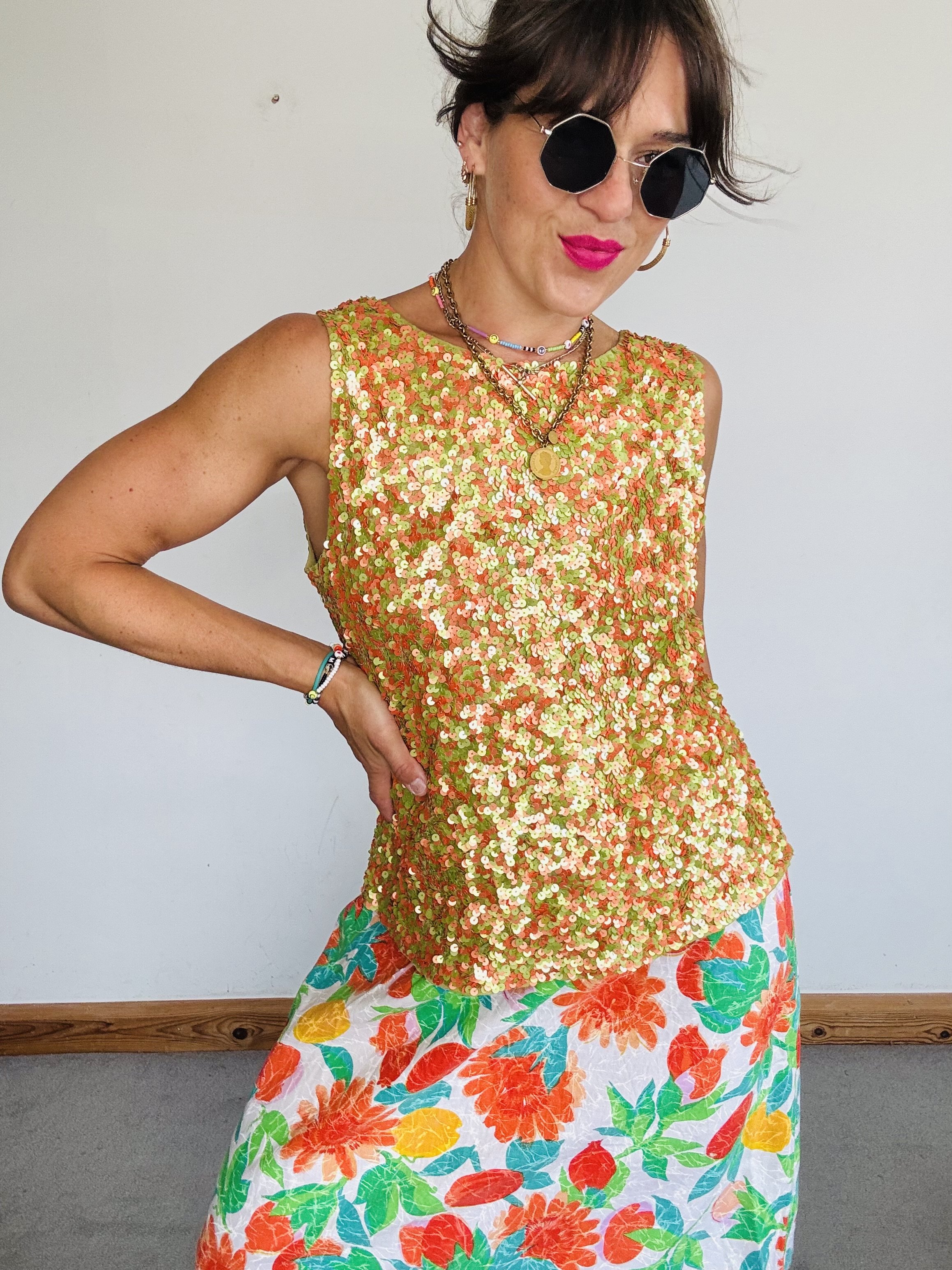 Amazing sequin orange and green blouse