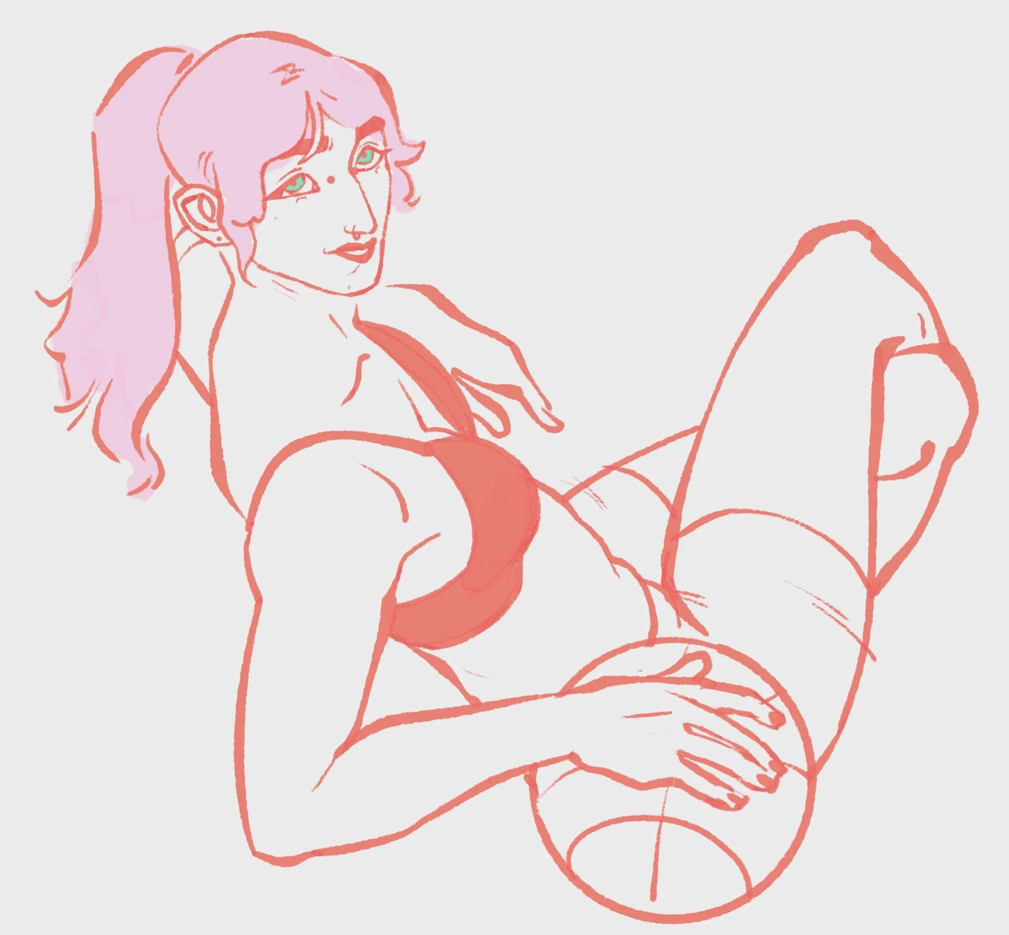 Dessin d'une femme assise avec une robe rouge, détendue, avec des cheveux longs et roses, regardant vers l'avant.