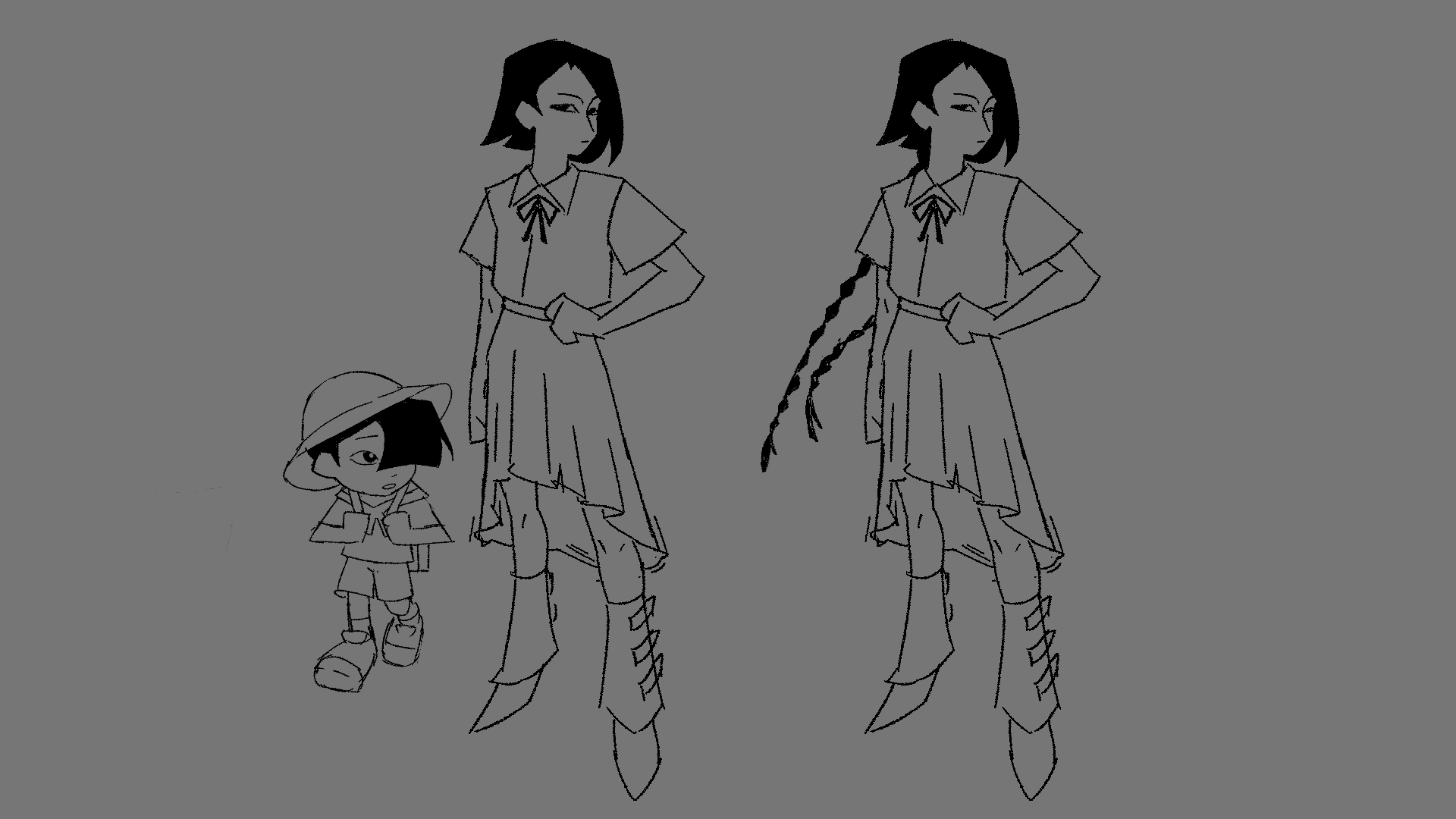 Dessin de deux femmes et un enfant, style manga. La femme à gauche porte une tenue avec une jupe, une chemise avec un noeud au col, et des bottes. Elle a les cheveux courts et noirs. L'enfant, petit, porte un chapeau, un manteau, une jupe courte, et 