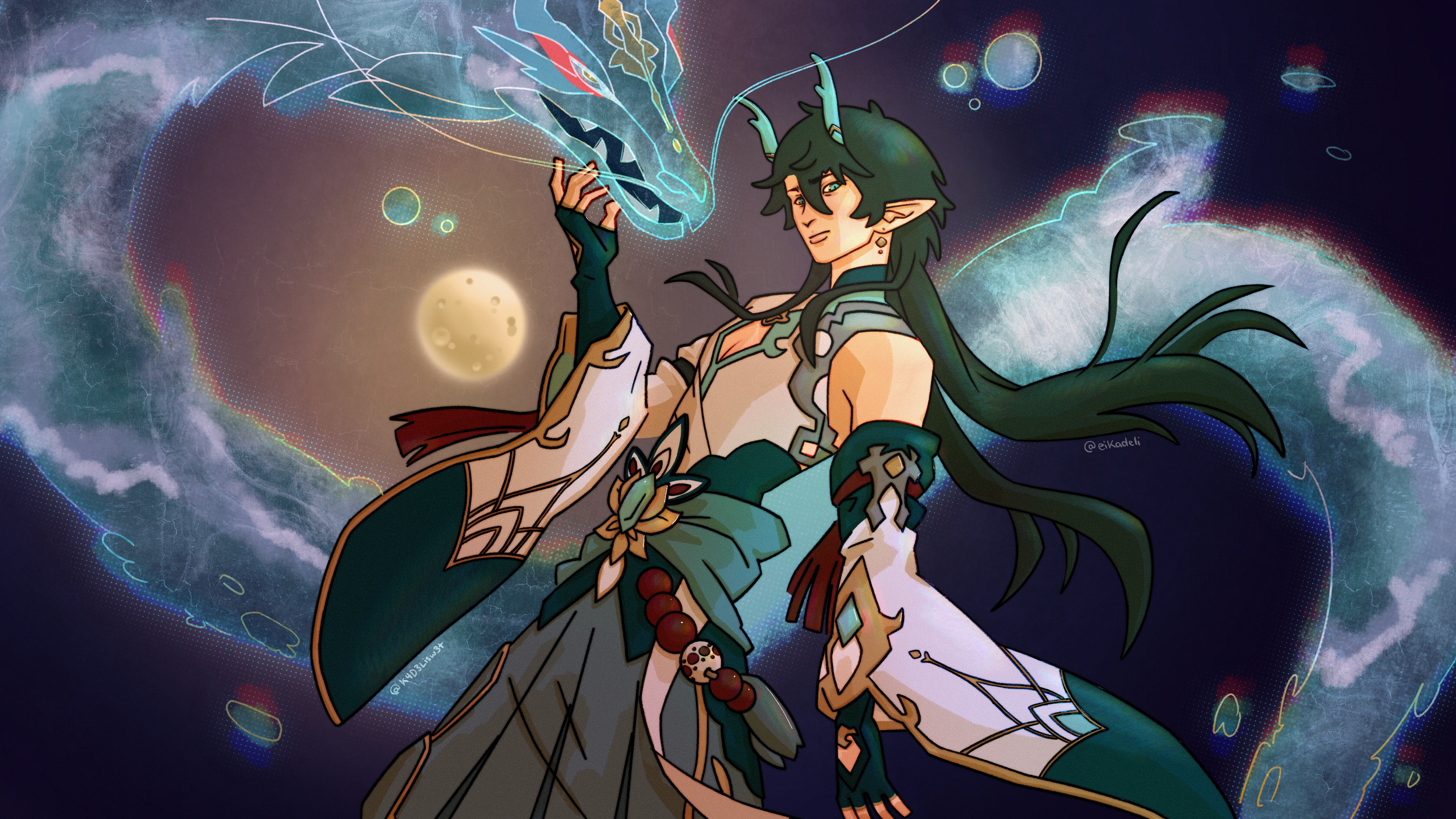 Illustration d'un personnage avec des oreilles pointues et des cheveux longs, habillé en vêtement orné, tenant une représentation de dragon céleste  avec un fond artistique de ciel nocturne, lune et nuages. Dan Feng, Honkai Star Rail. HSR.