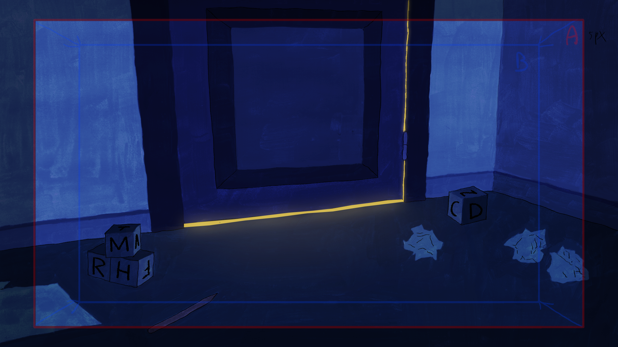 Une pièce sombre peinte en bleu avec une porte encadrée de lumières jaunes. Sur le sol, il y a des blocs avec des lettres et des formes, ainsi que quelques feuilles de papier.