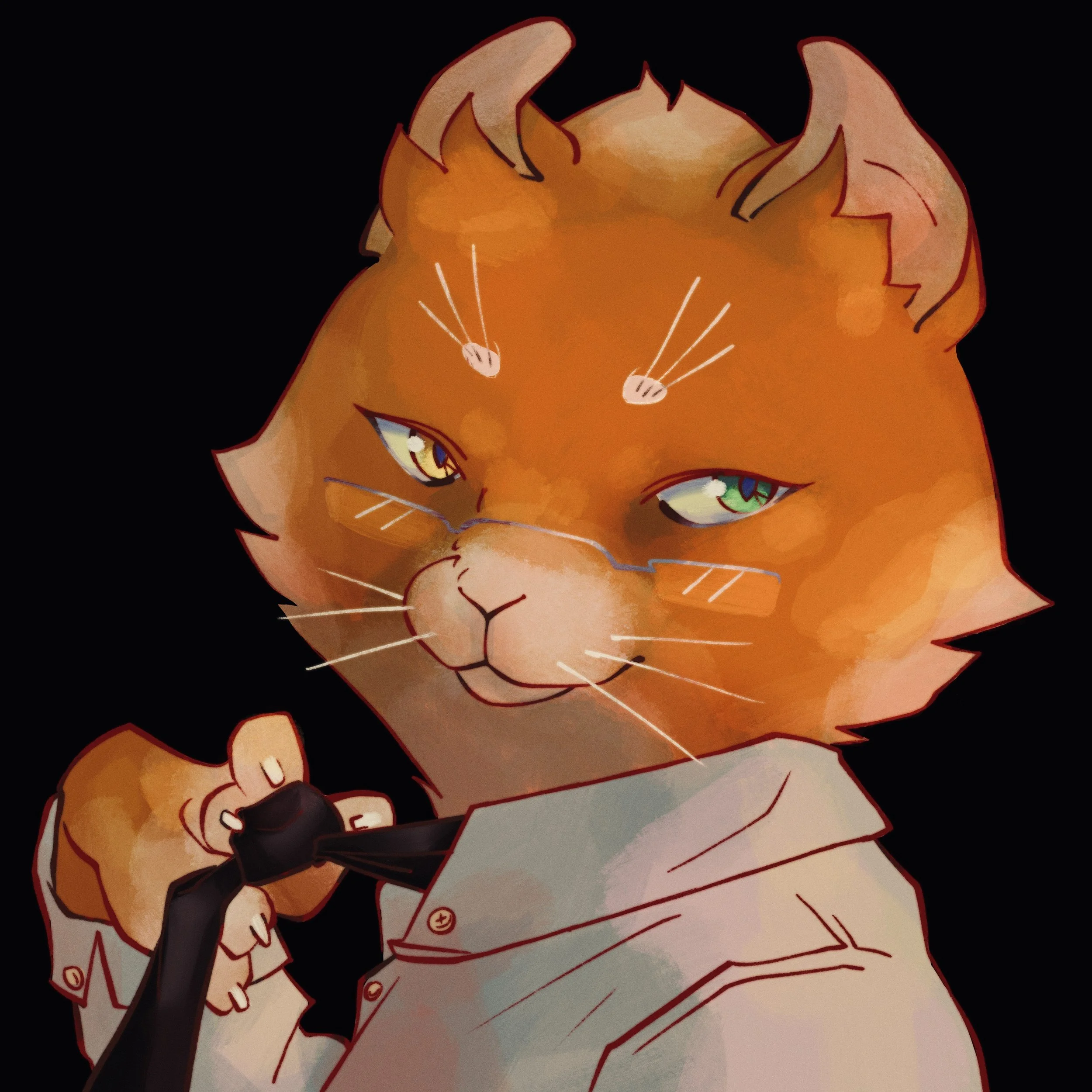 Un chat anthropomorphe avec des cheveux orange, portant des lunettes et une blouse blanche, tenant un stéthoscope. Style Furry, aquarelle.