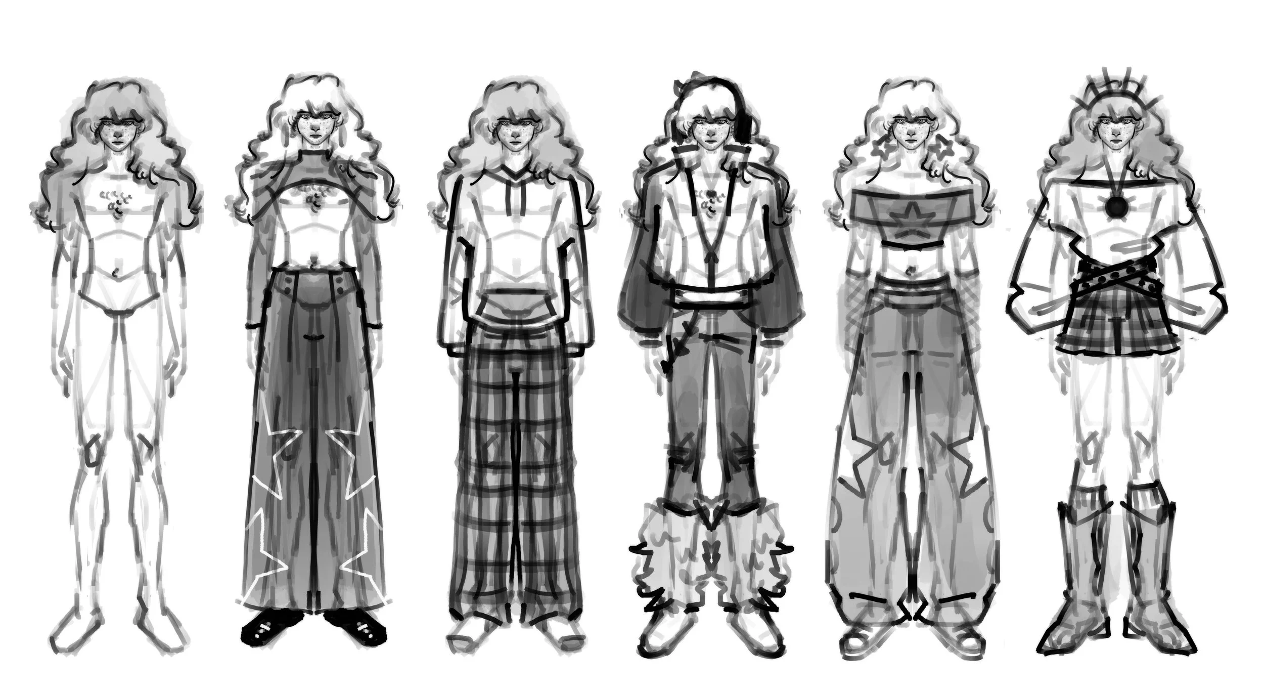 Dessin en noir et blanc de six personnages féminins debout, portant différentes tenues variées, avec des cheveux bouclés ou droits.