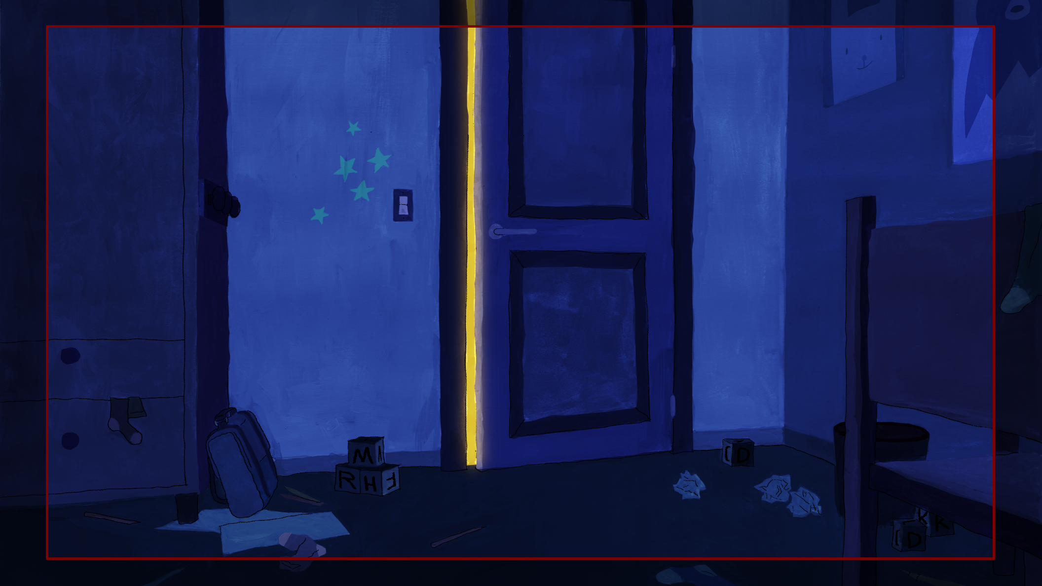 Une pièce sombre avec une porte entrouverte, laissant échapper une lumière jaune. Sur le mur, des stickers d'étoiles, une prise électrique, et un interrupteur. Au sol, des jouets comme des blocs en bois avec des lettres, un sac, des vêtements, et des