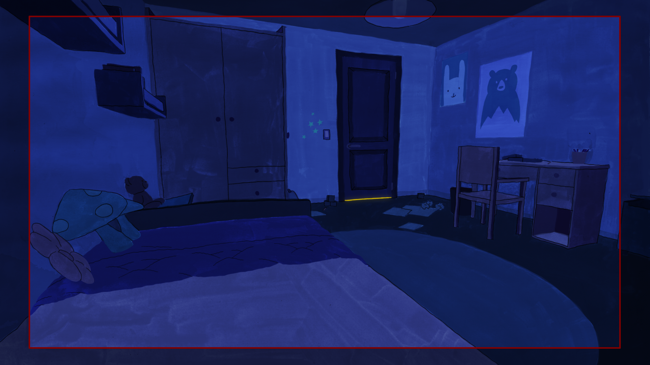 Une chambre d'enfant en style dessin animé, vue de nuit avec une lumière bleue douce. Il y a un lit avec des jouets et un oreiller, un bureau avec une chaise, des dessins d'animaux accrochés au mur, et une porte avec un éclairage subtil au sol.