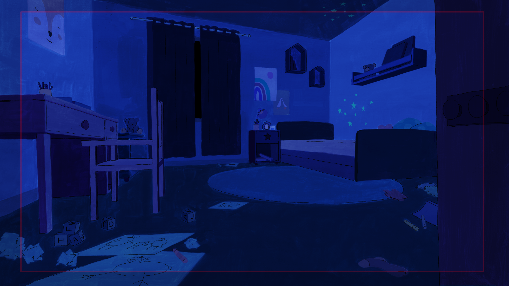 Chambre d'enfant sombre avec éclairage bleu, jouets éparpillés, dessins sur le sol, fenêtres avec rideaux fermés, décoration étoilée sur les murs et le plafond.