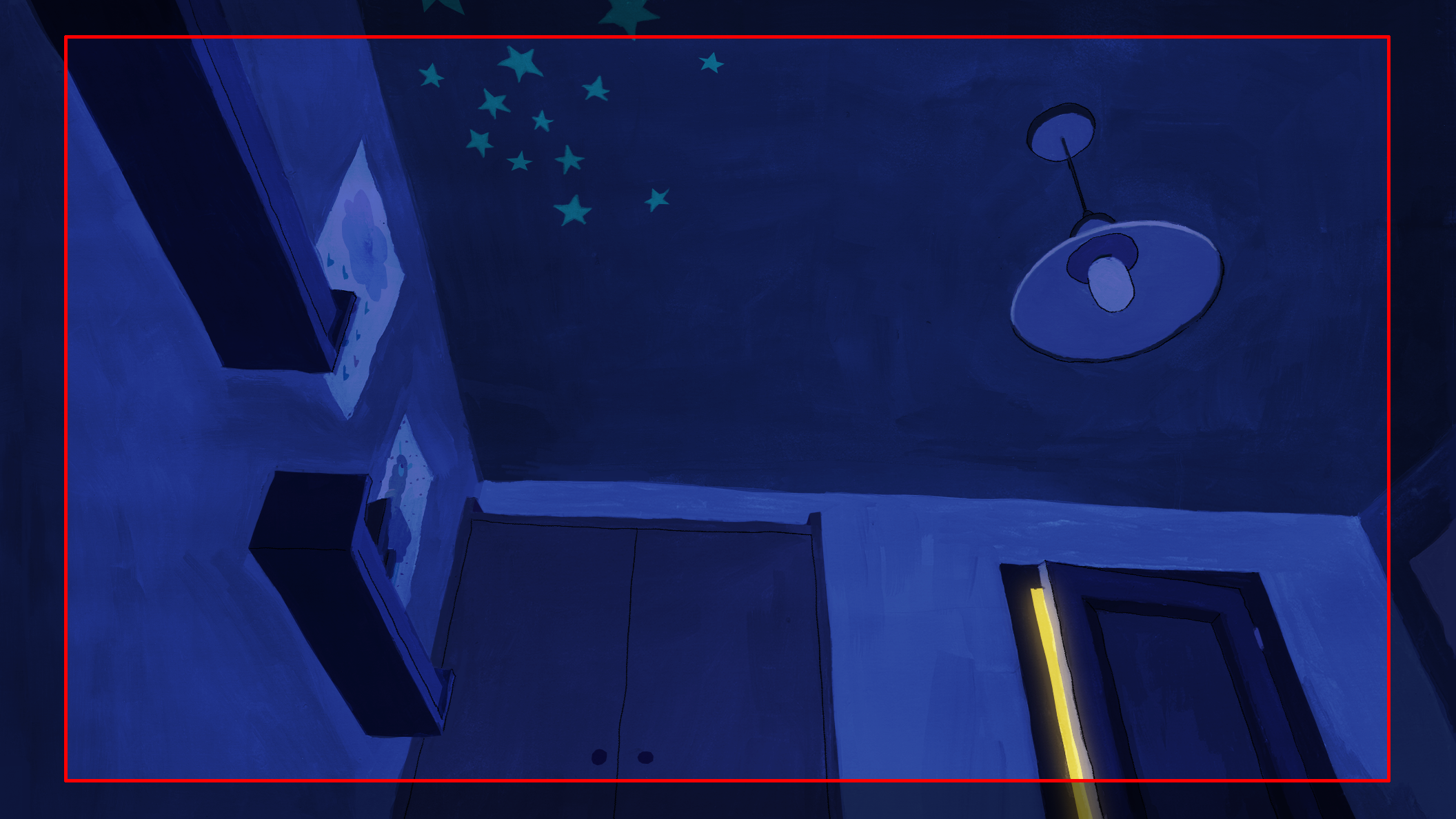 Une chambre sombre, illuminée par des lumières bleues, avec un plafond décoré d'étoiles, un meuble en bois et une porte fermée.