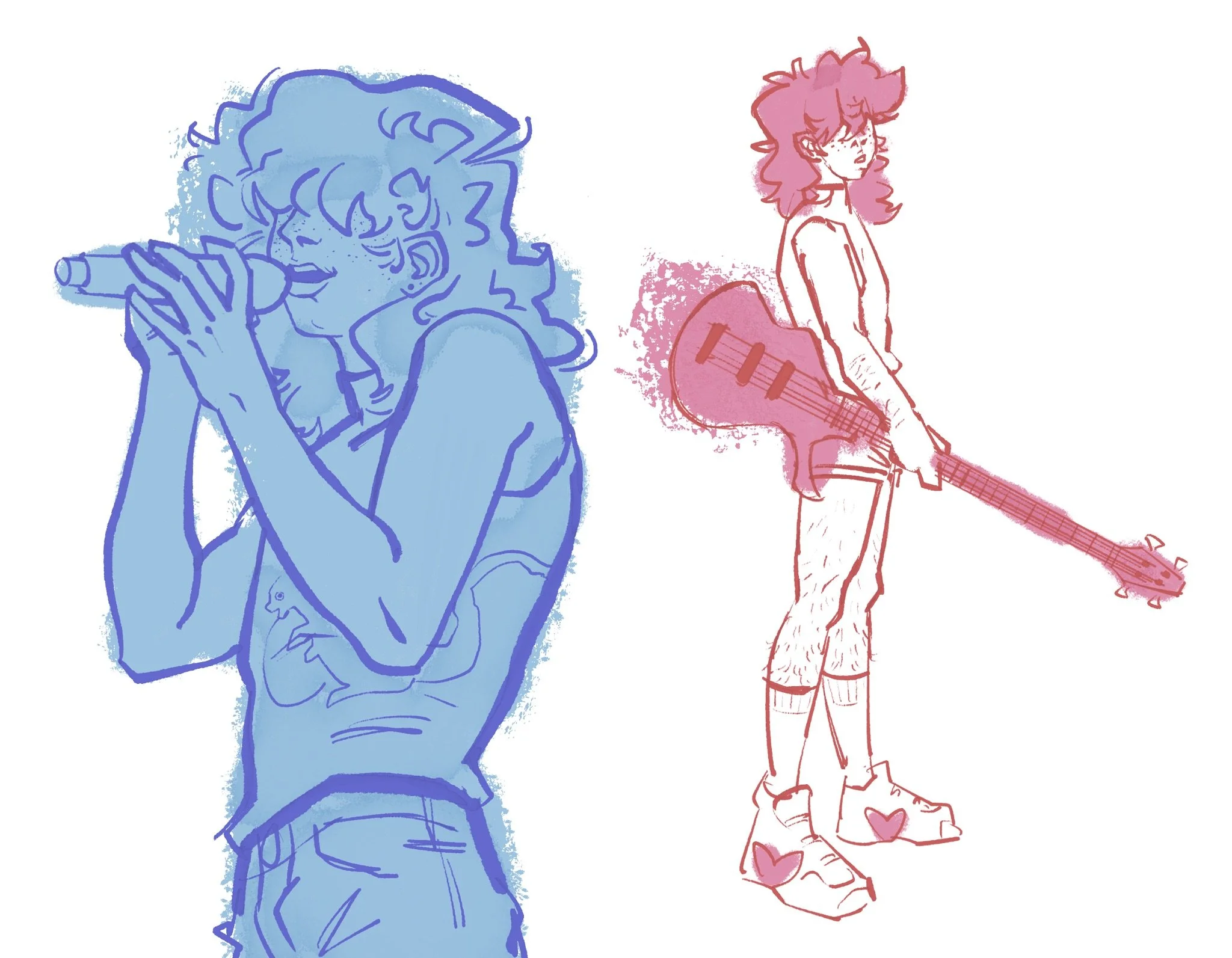 Deux illustrations stylisées de jeunes, l'une en bleu avec une fille chantant dans un microphone, l'autre en rouge avec une fille tenant une guitare électrique. Les dessins sont minimalistes et expressifs.