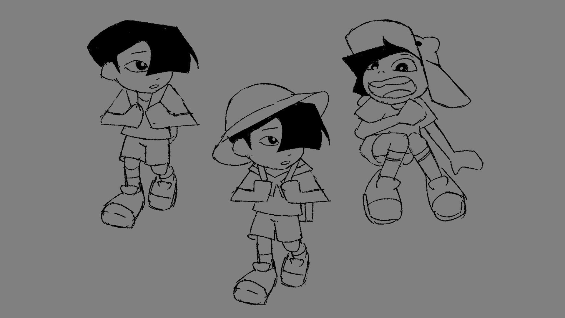 Trois dessins de l'animation 'Treasure Island' représentant un jeune garçon avec des vêtements d'explorateur, dans différentes poses et expressions, sur un fond gris.