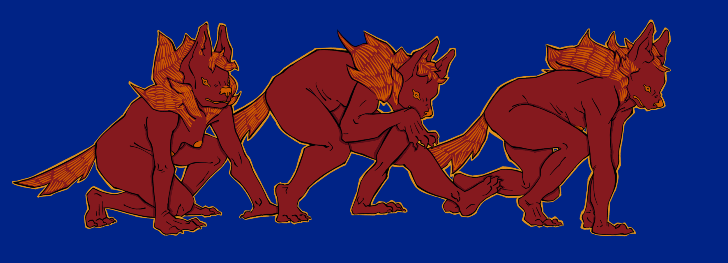 Une bannière avec trois créatures humanoïdes à l'apparence de loups ou de chiens, de couleur rouge, avec une crinière et une queue orange, positionnées sur un fond bleu.