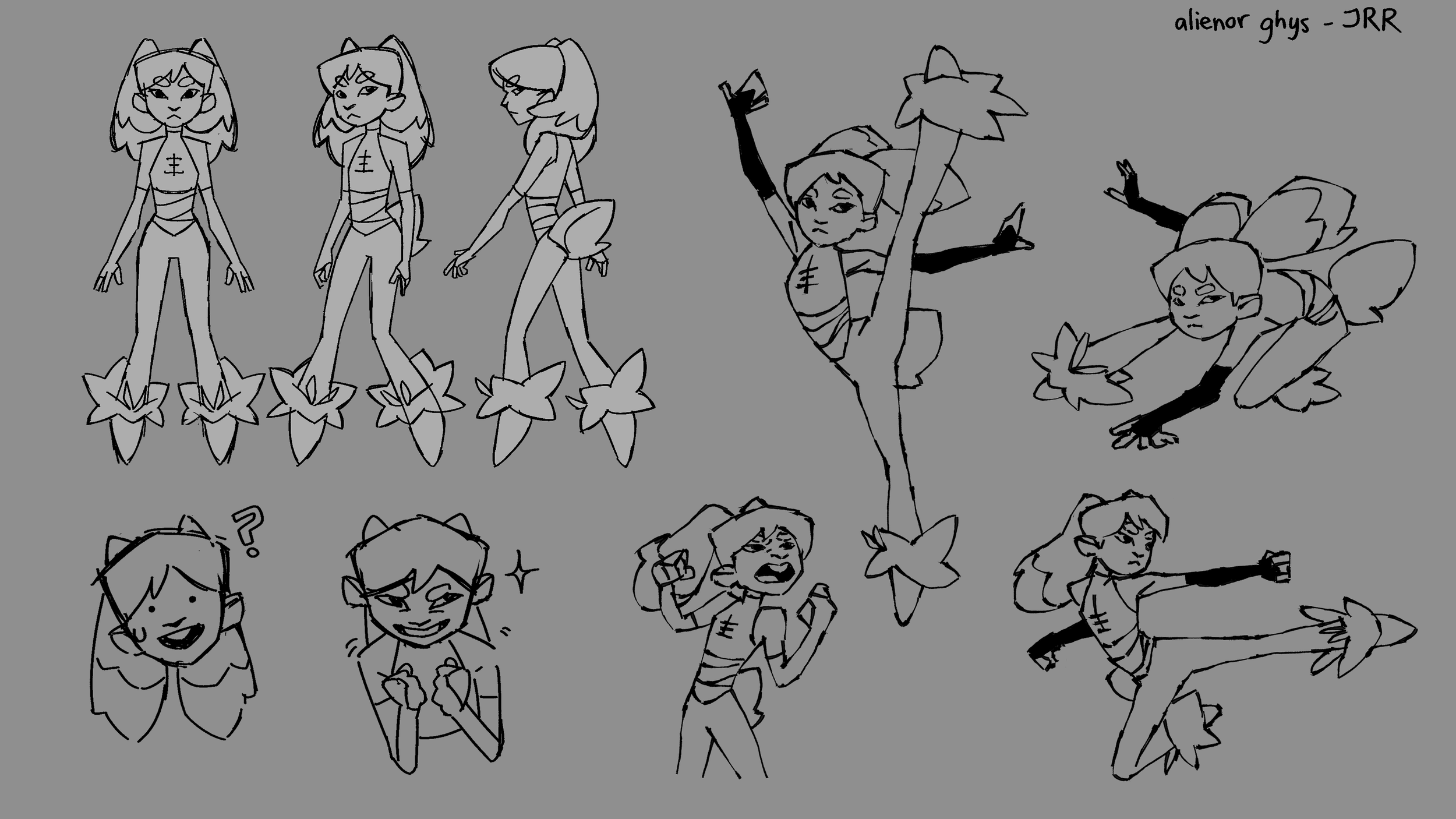 Une série de dessins de personnage féminin, avec des traits de style manga ou animation, montrant différentes poses et expressions. La majorité portent une tenue inspirée de fée ou de fantasy, avec des motifs floraux et des accessoires de feuille, av