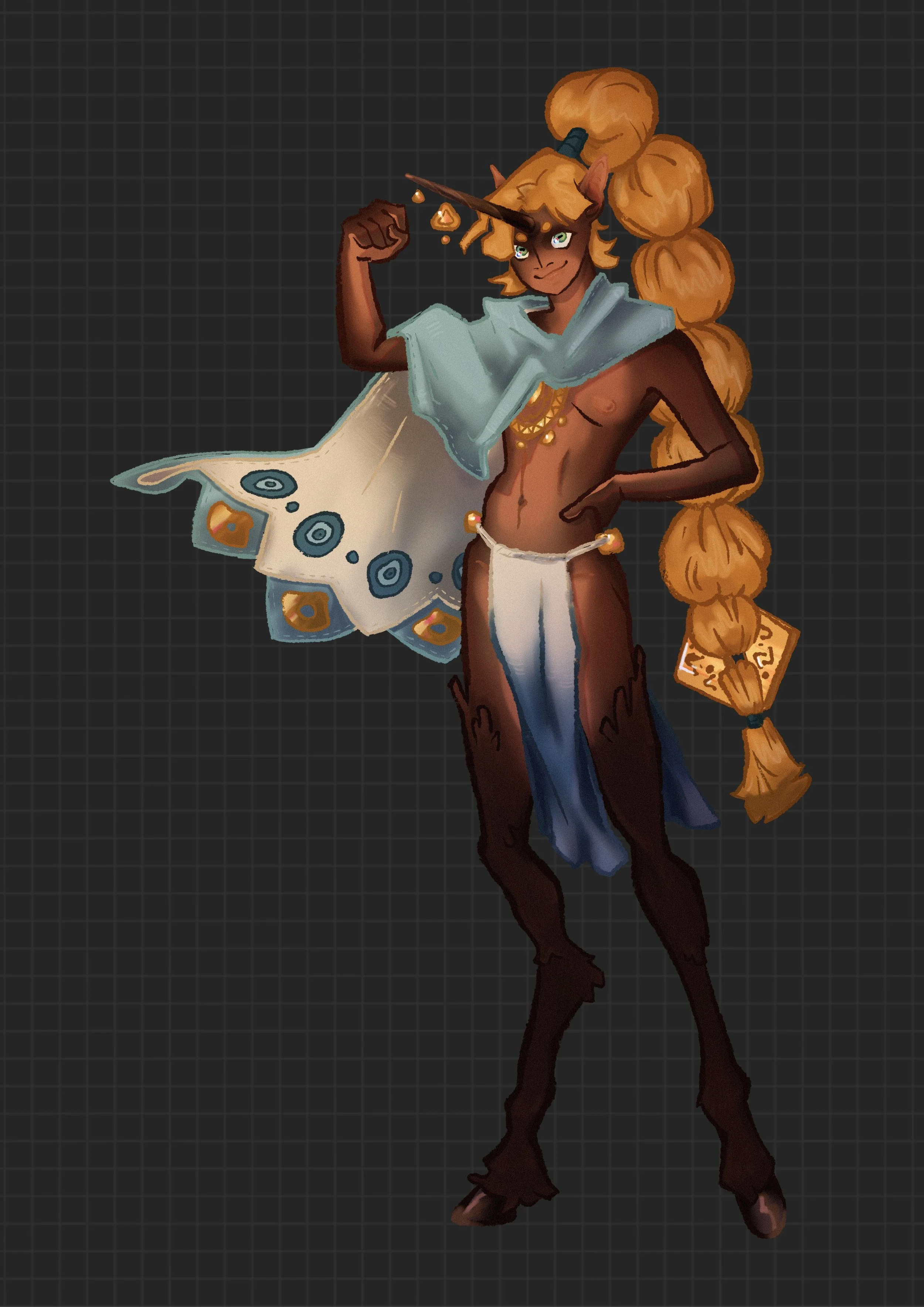 Illustration d'une créature humanoïde, tapie dans l'imaginaire fantastique, avec une peau sombre, une corne, une longue queue avec une pointe et de longs cheveux roux tressés. Elle porte un vêtement léger bleu, des bijoux dorés et une cape colorée, t