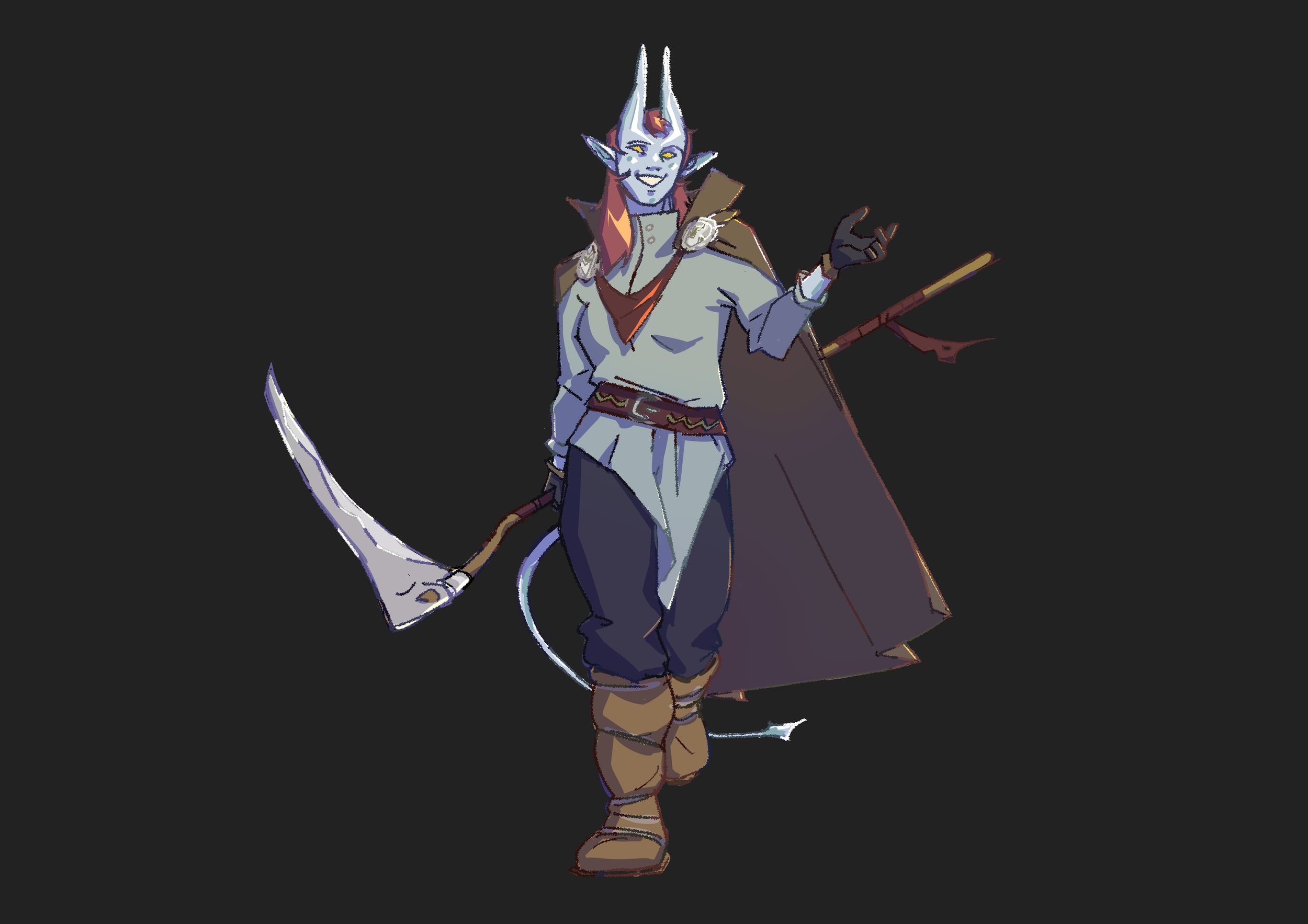 Illustration d'un personnage fantastique, avec oreilles pointues, peau bleue, portant une cape, une tenue médiévale, une hache à la main, et un regard souriant.