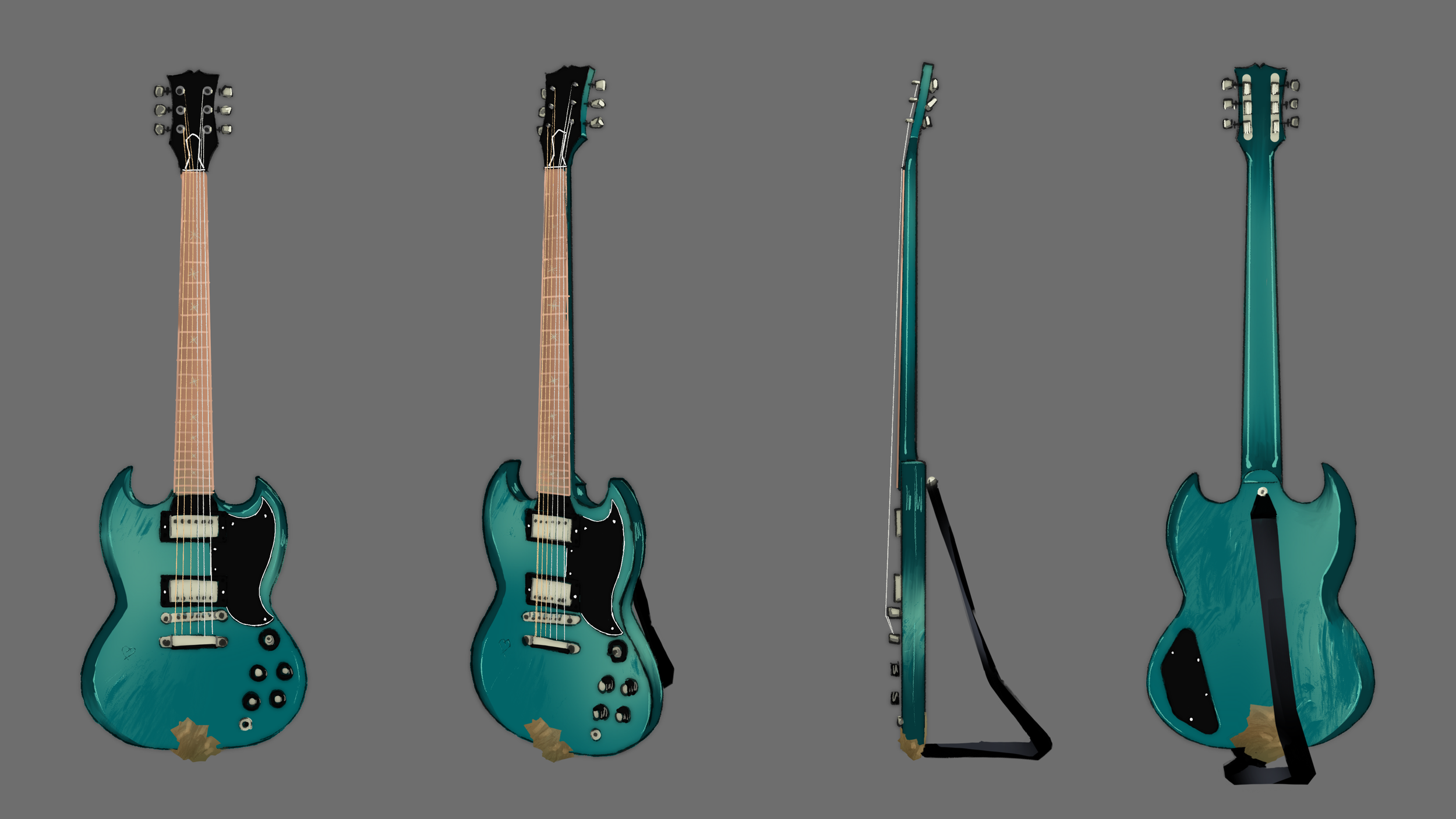 Quatre images d'une guitare électrique de couleur vert turquoise, montrant différents angles : face, côté et arrière, avec une étiquette de papier collée en bas.