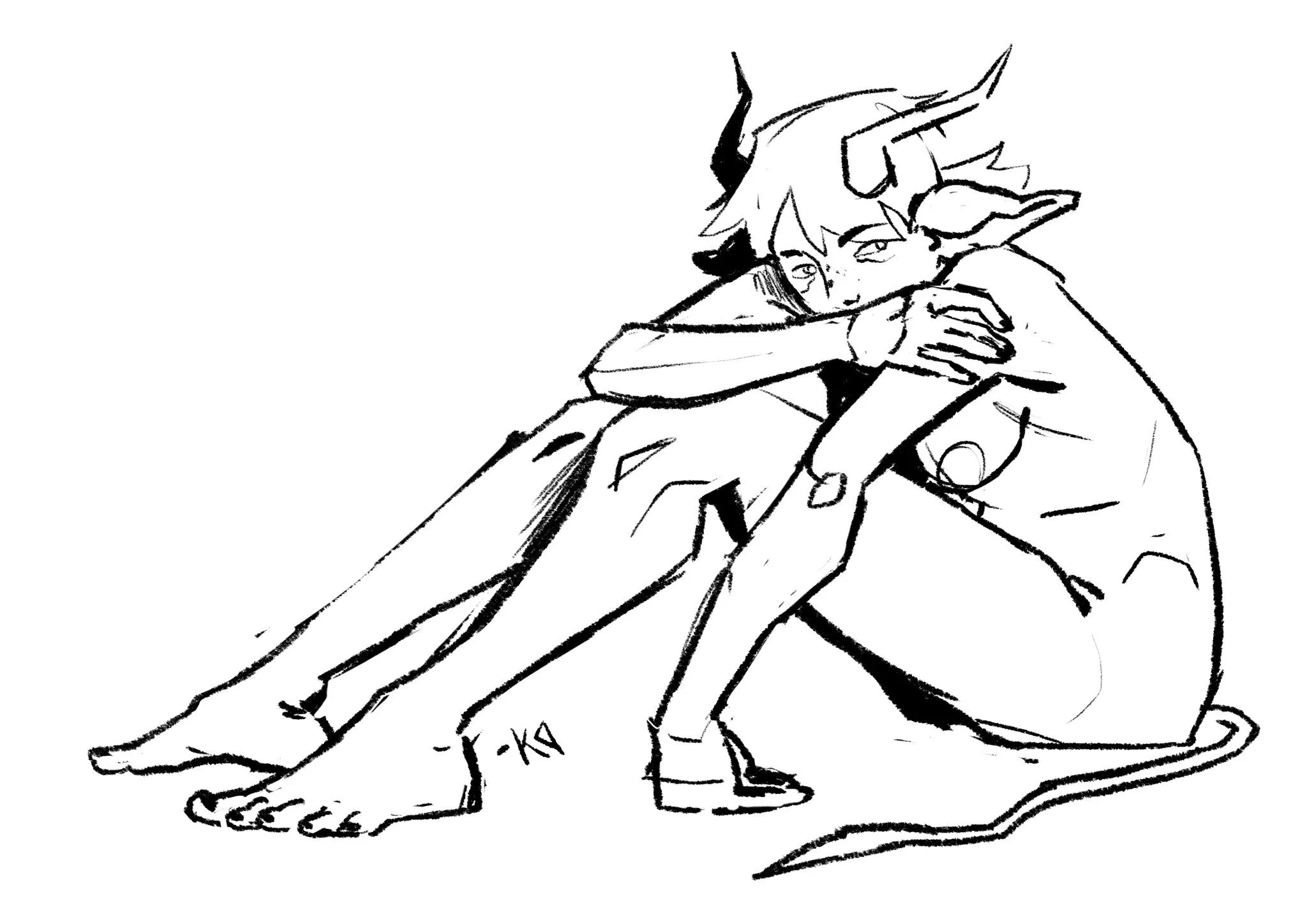 Un personnage avec des traits de faune ou de démon, assis par terre, en position de réflexion ou de tristesse, avec des cornes et des oreilles pointues, le bras autour des jambes.
