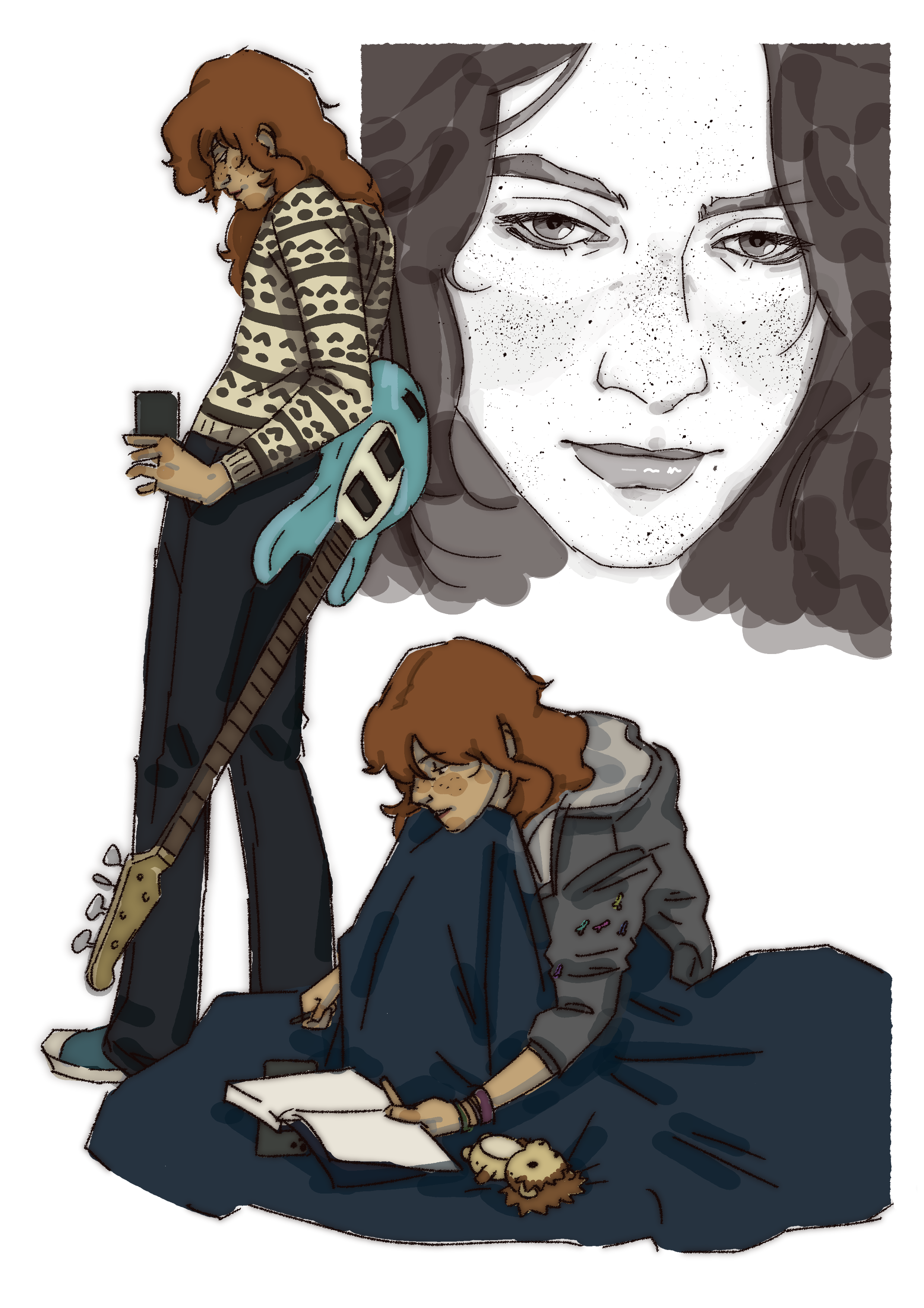 Illustration d'une jeune femme rousse avec une guitare et un téléphone, avec une grande moitié de visage en noir et blanc en arrière-plan, puis une autre image de la même femme assise sur le sol avec un carnet et une poupée en peluche.