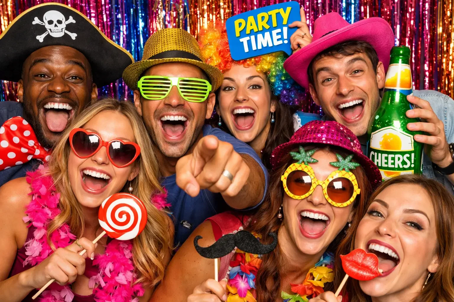 Group of people celebrating at a party, dressed in colorful costumes and accessories, with a shiny, multicolored backdrop.