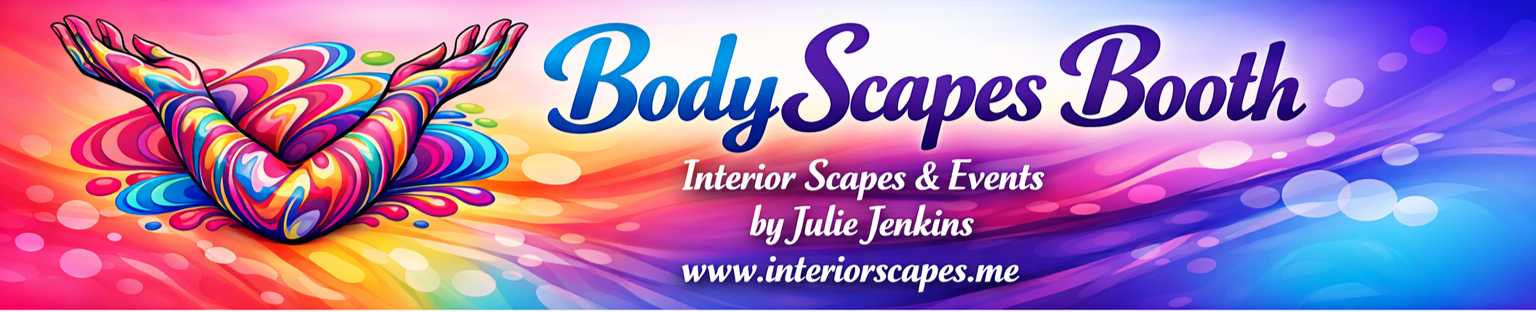Colorful banner for Body Scapes Booth featuring abstract hands embracing a rainbow swirl, with pink, orange, yellow, green, blue, and purple background, and text promoting interior scapes and events by Julie Jenkins