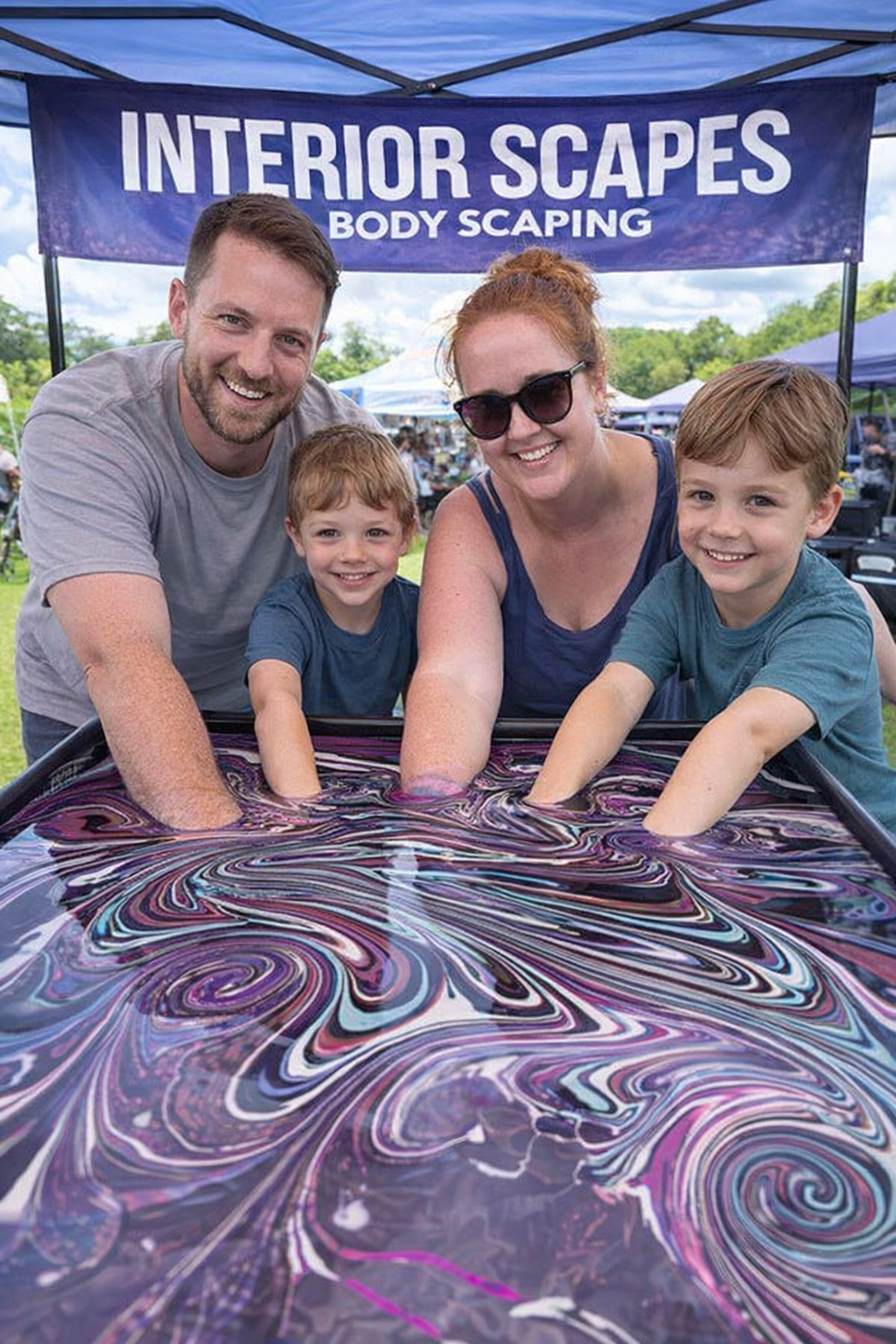 A family of four with two young boys and their parents playing with a swirling color marble sensory table at an outdoor event. They are under a canopy with a sign that reads 'Interior Scapes Body Scaping.' The family is smiling and engaging with the water and paint in the table.