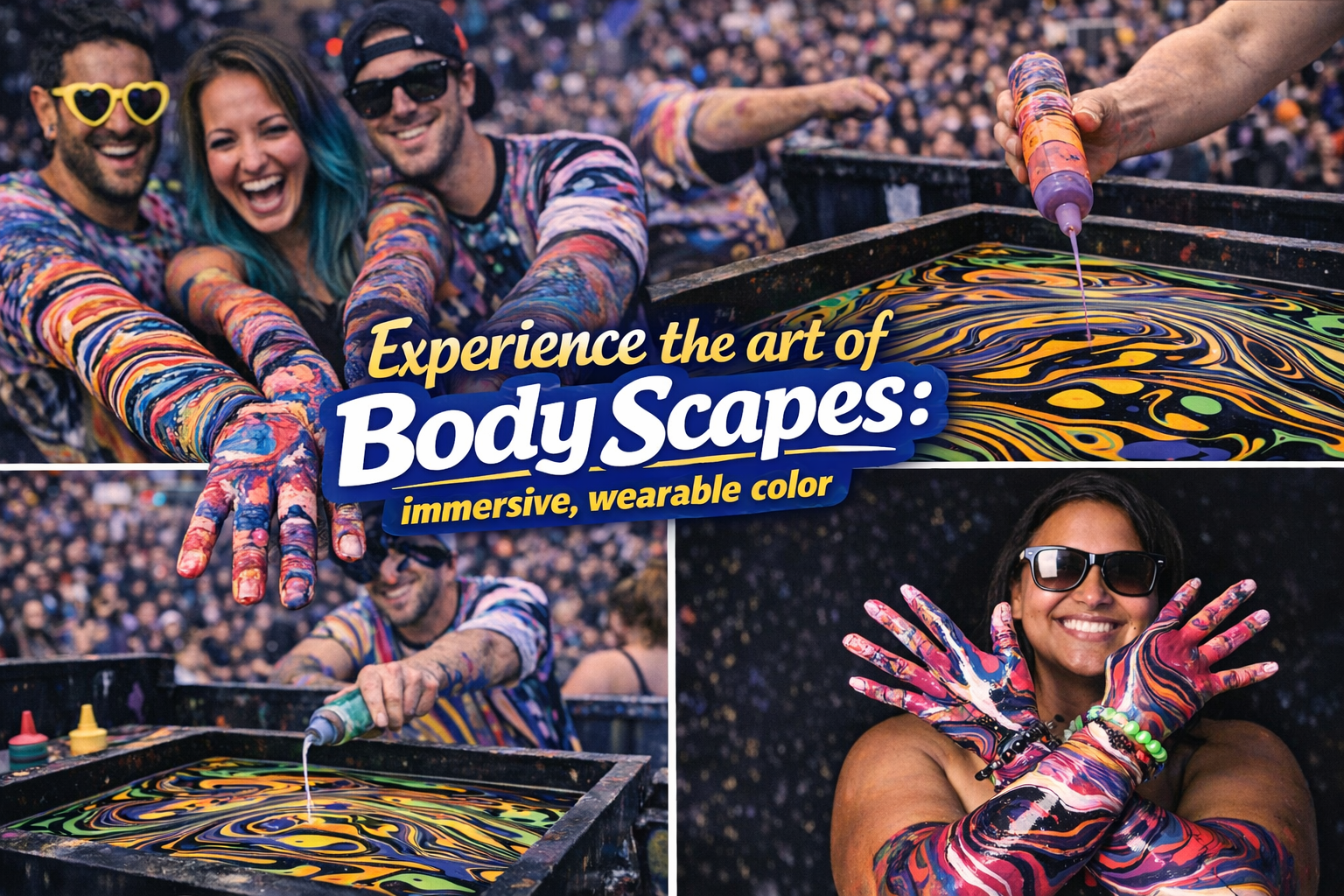 People covered in colorful paint, engaging in body scape art, with a crowd in the background, and a person creating colorful swirls on a surface.  promoting interior scapes and events by Julie Jenkins