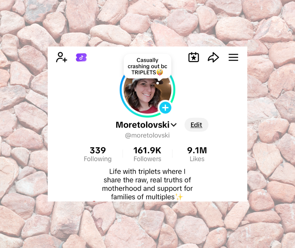 A TikTok profile of a woman named Moretolovski with 161.9K followers, 339 following, and 9.1M likes. The profile picture is a smiling woman with brown hair, and there is a comment about crashing out with triplets.