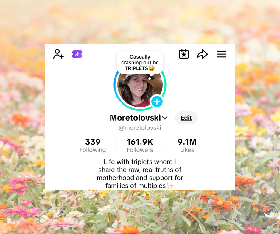 A TikTok profile of a woman named Moretolovski with 161.9K followers, 339 following, and 9.1M likes. The profile picture is a smiling woman with brown hair, and there is a comment about crashing out with triplets.