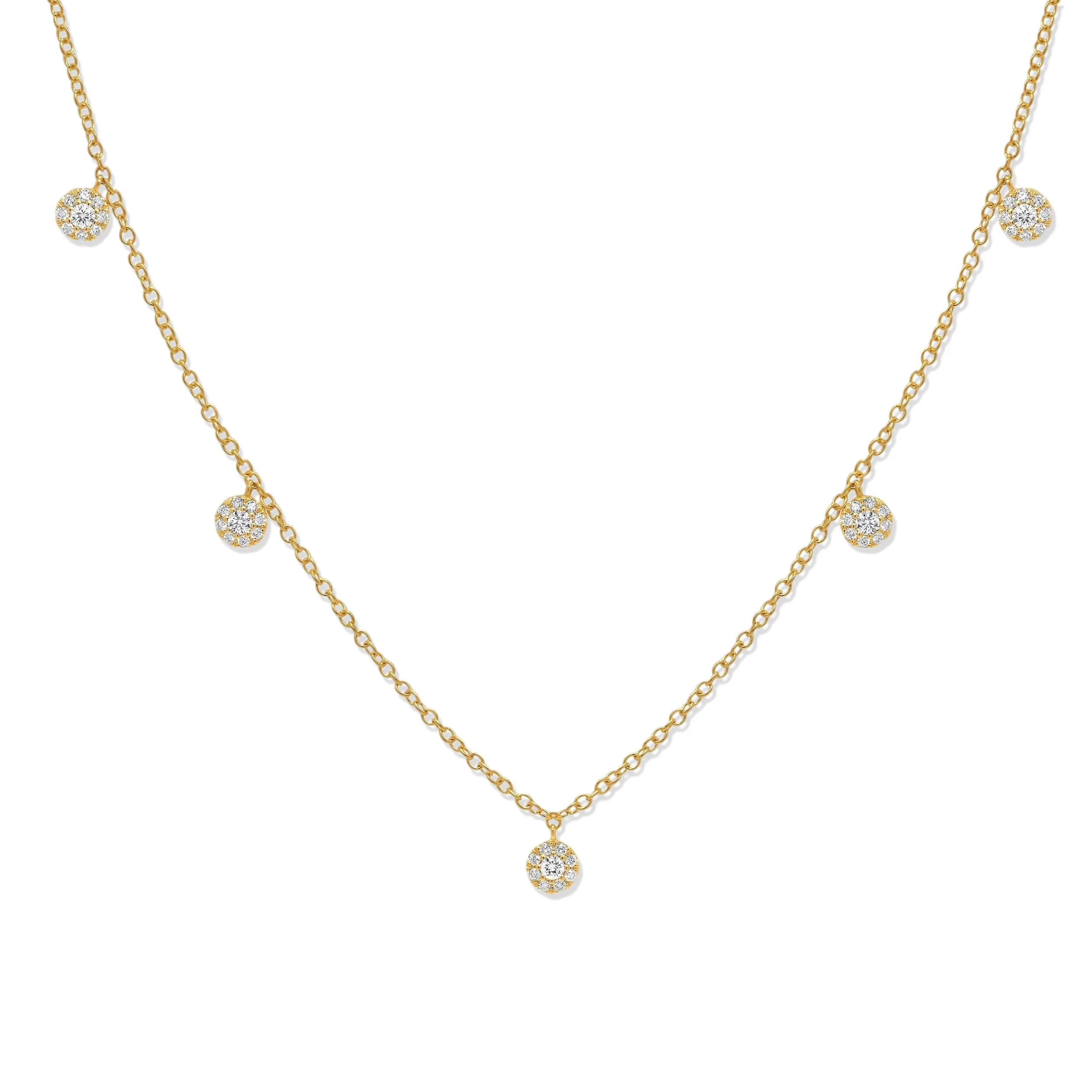 18K Yellow Gold Diamond Cluster Drop Station Necklace
