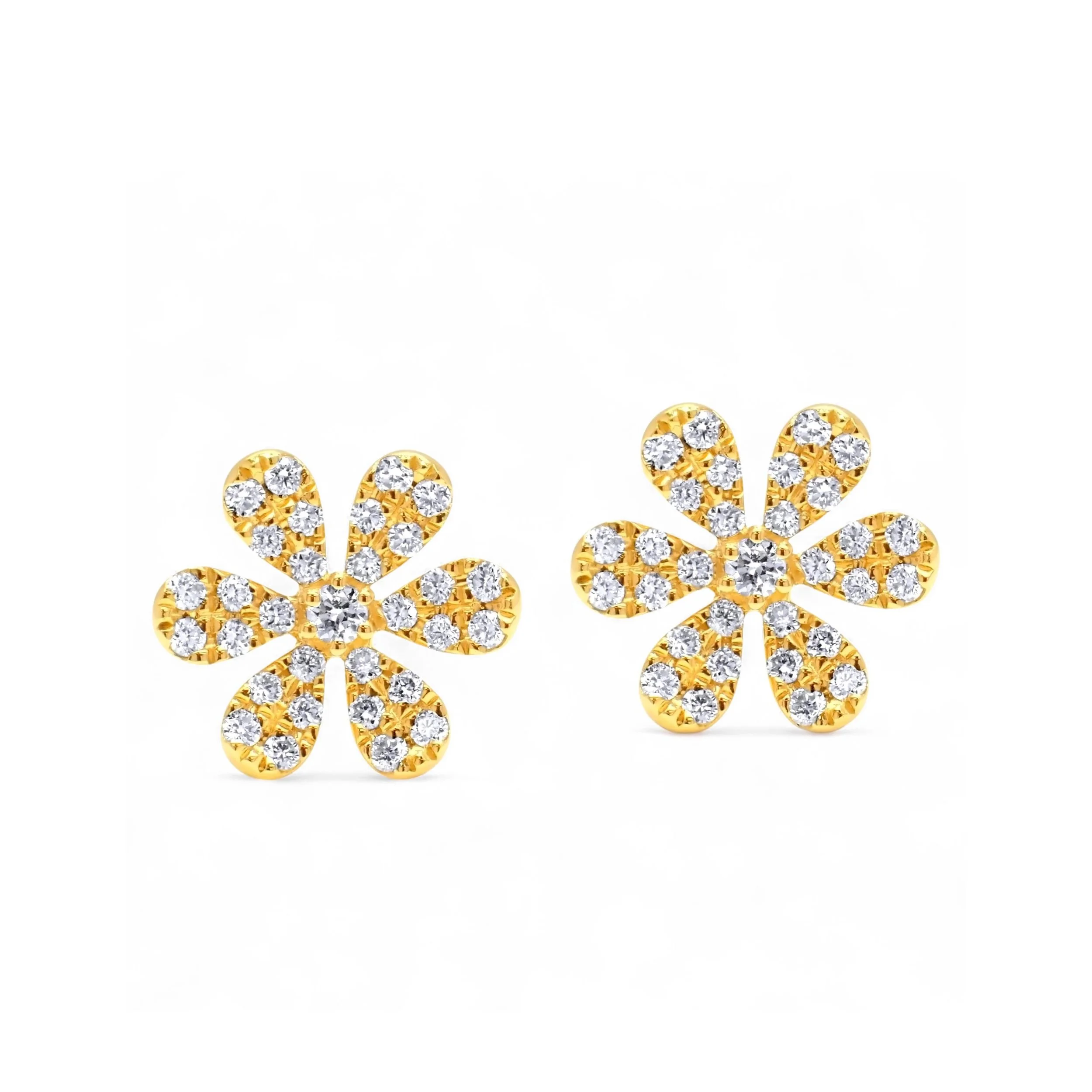 18K yellow gold diamond flower stud earrings with full pavé petals