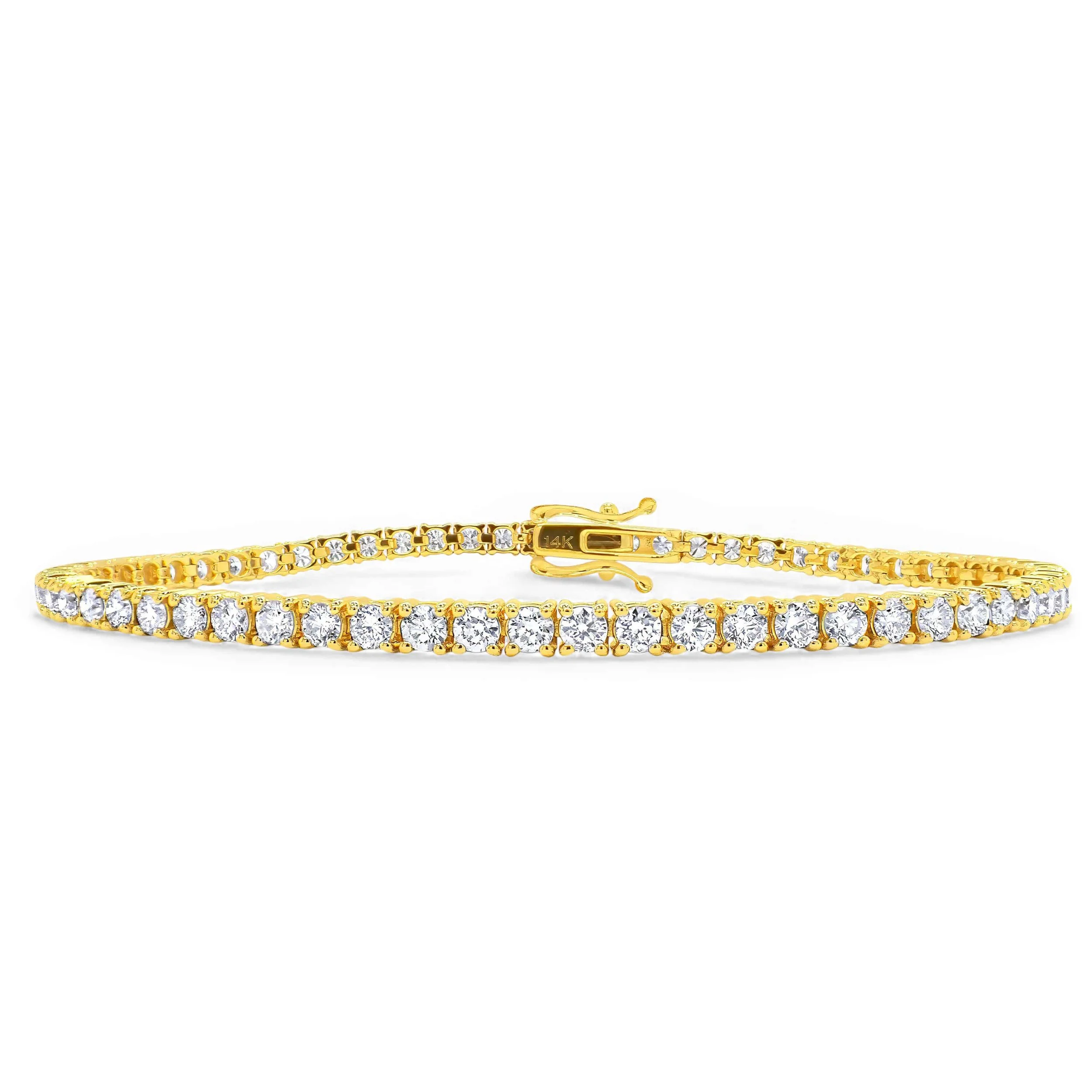 14K yellow gold diamond tennis bracelet with a full row of round brilliant diamonds.