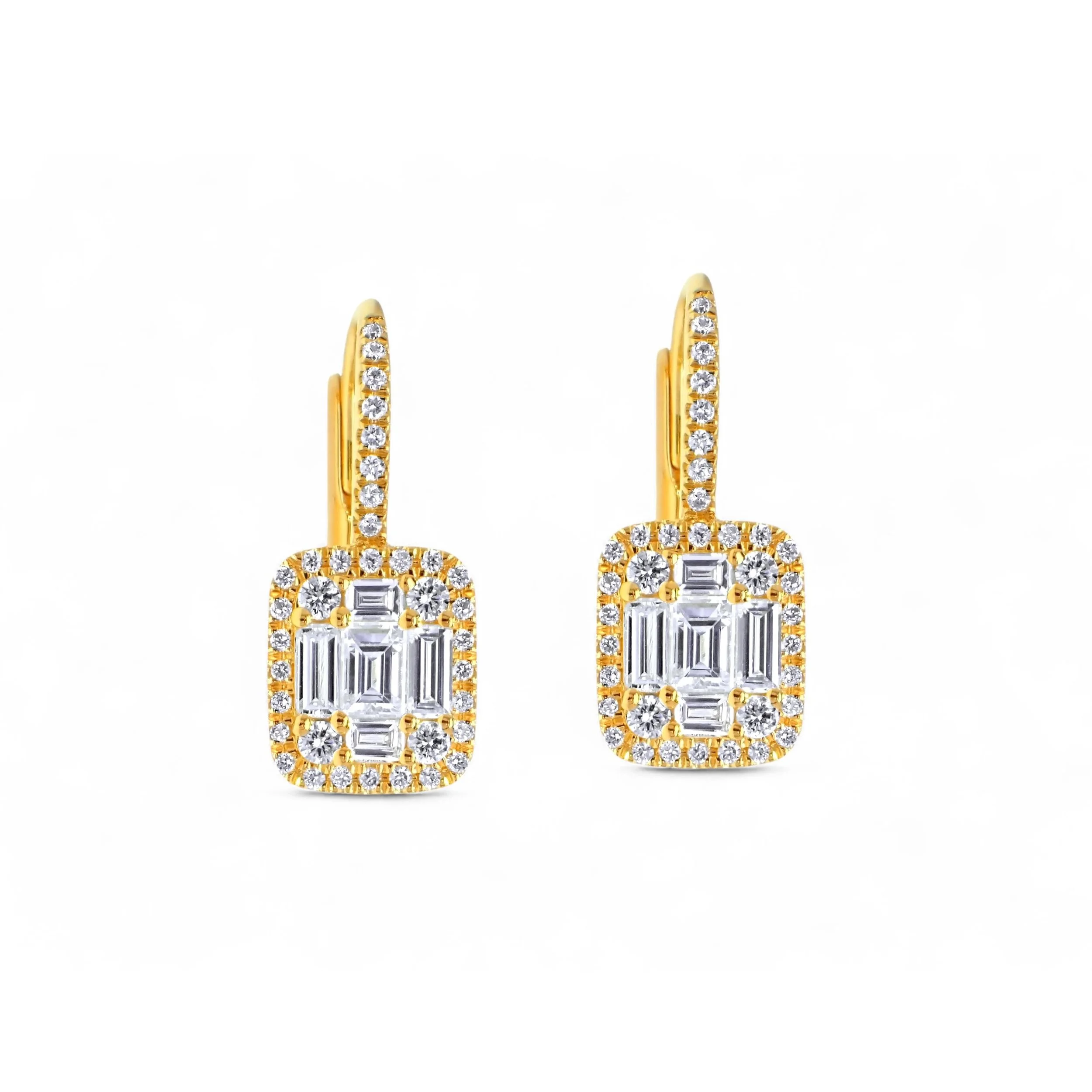 18K yellow gold illusion cluster drop earrings with baguette and round diamonds and a halo design