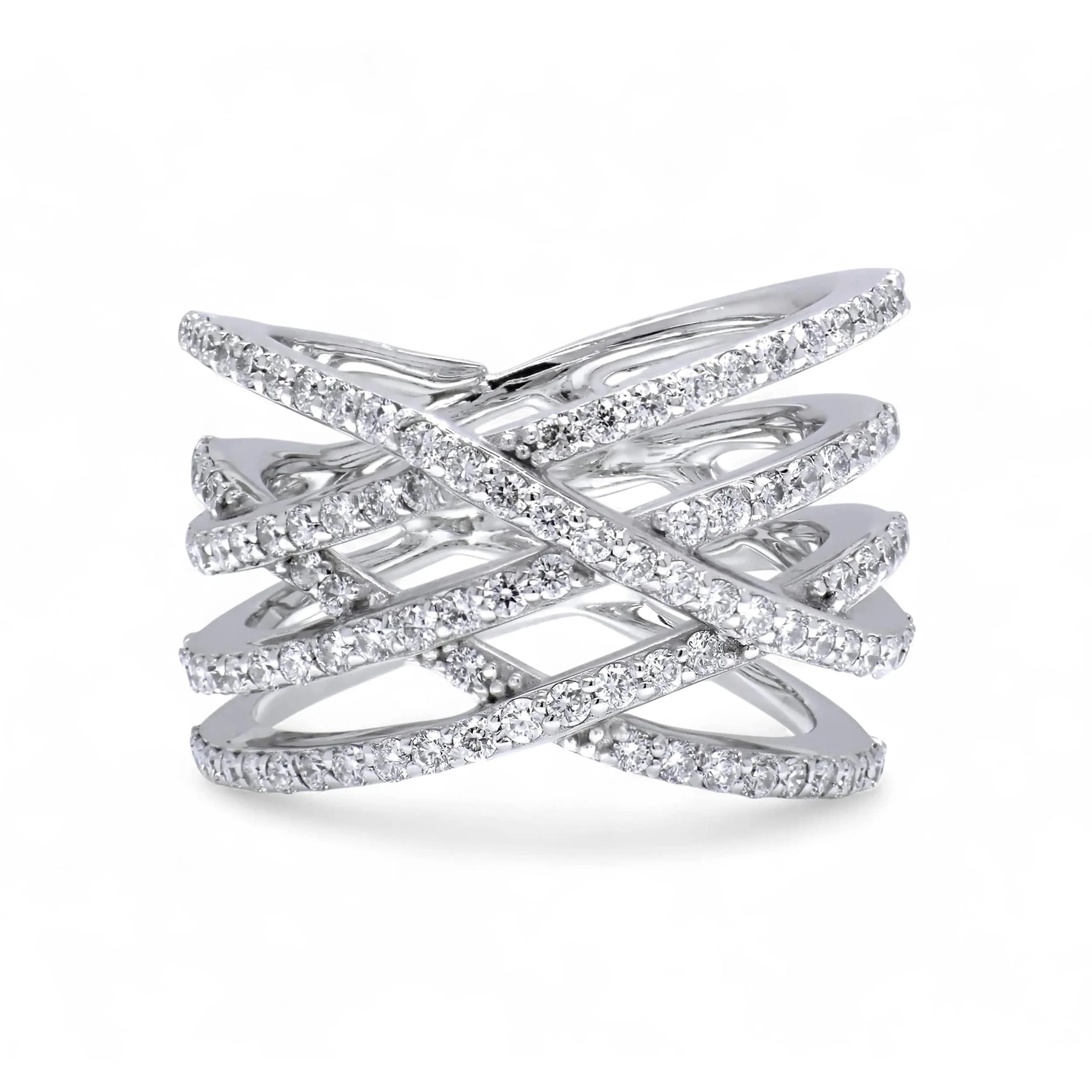 Close-up of 14K white gold multi-row crisscross ring with round pavé diamonds on overlapping bands.