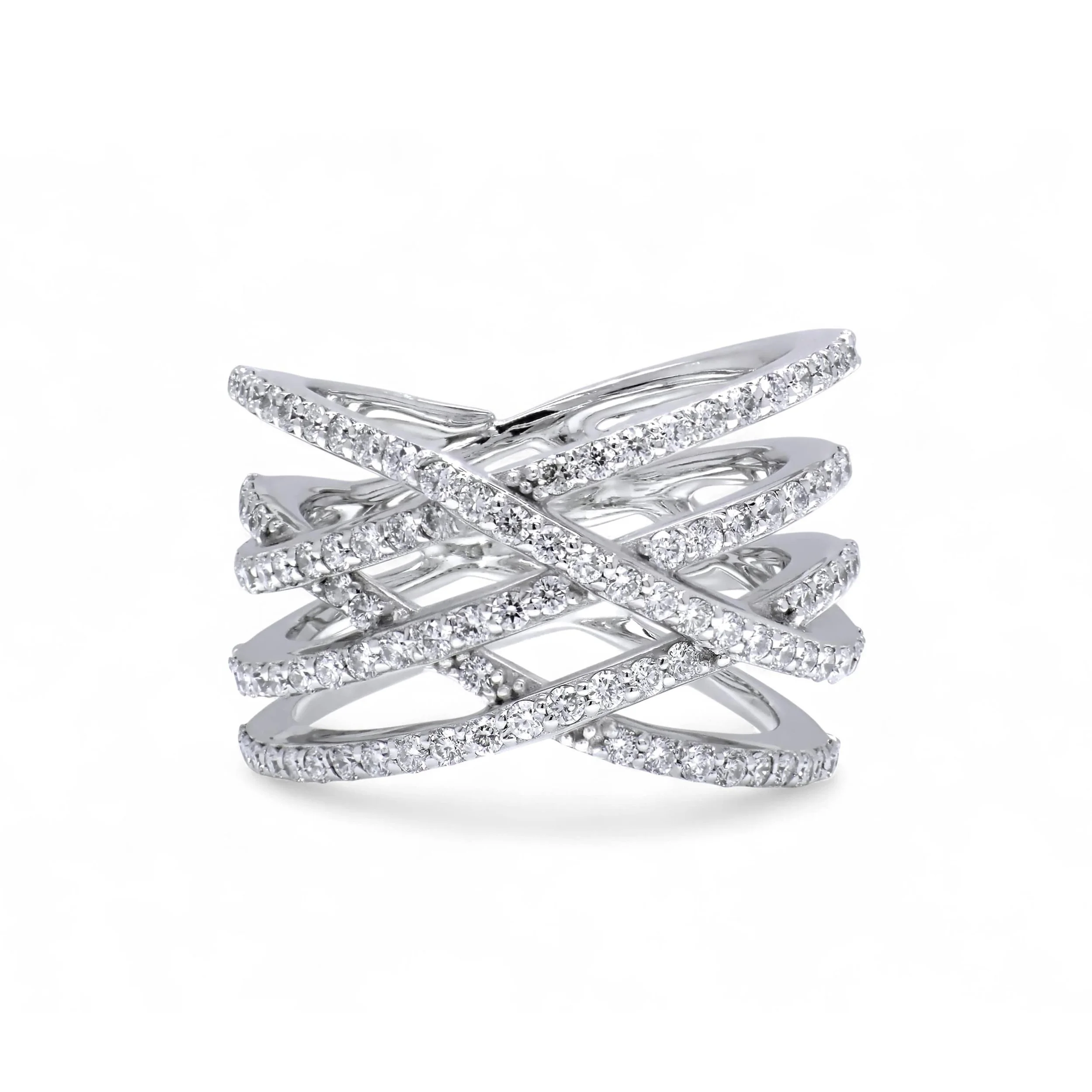14K white gold multi-row crisscross ring with round pavé diamonds on overlapping bands.