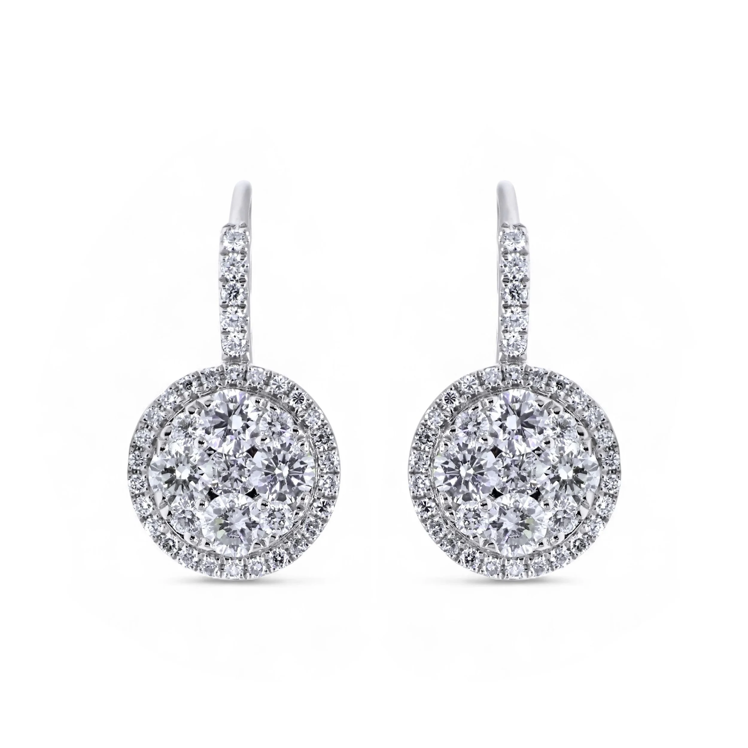 18K White Gold Diamond Cluster Halo Drop Earrings