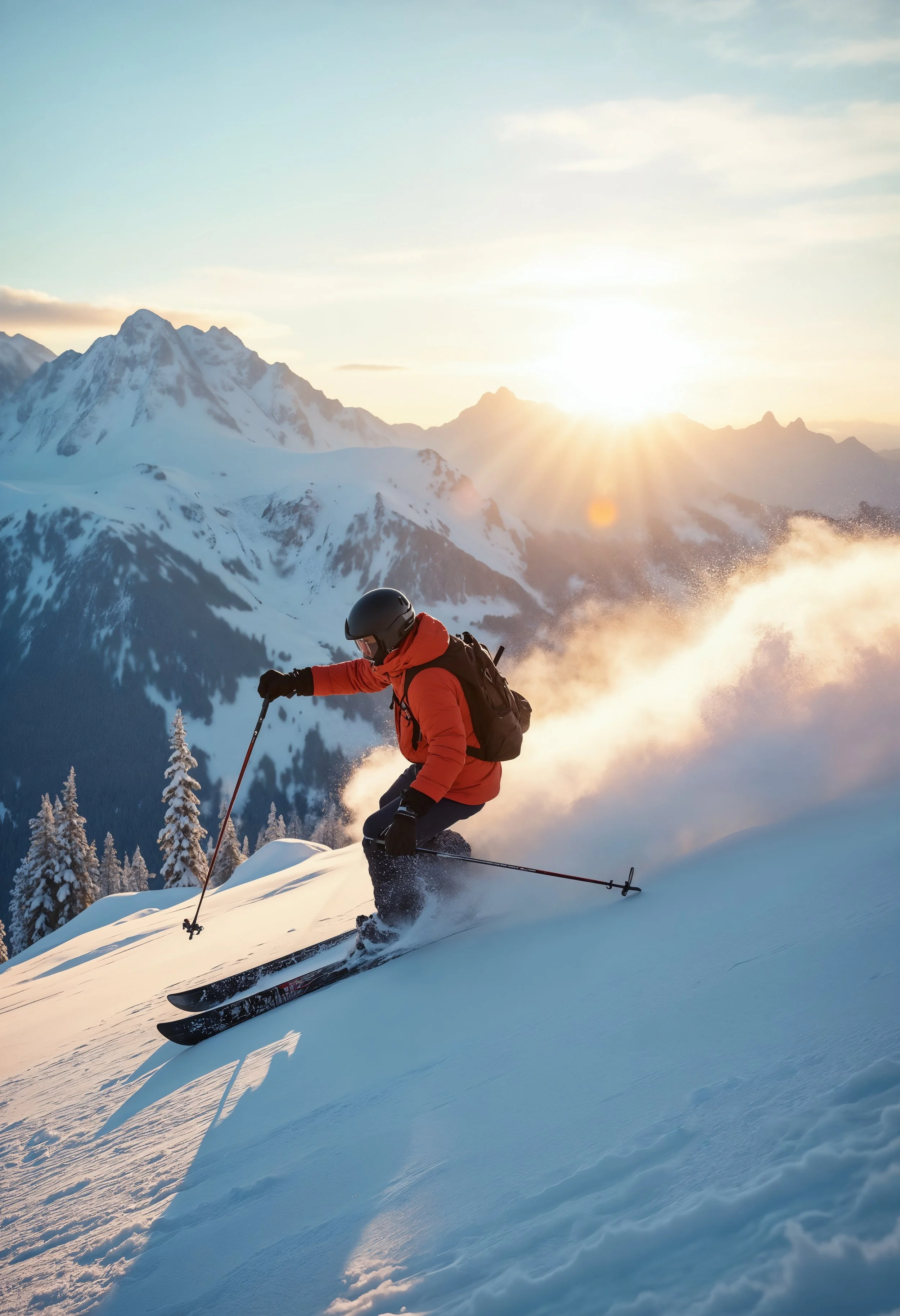 Skieur en plein descente dans la neige avec montagne au coucher du soleil.