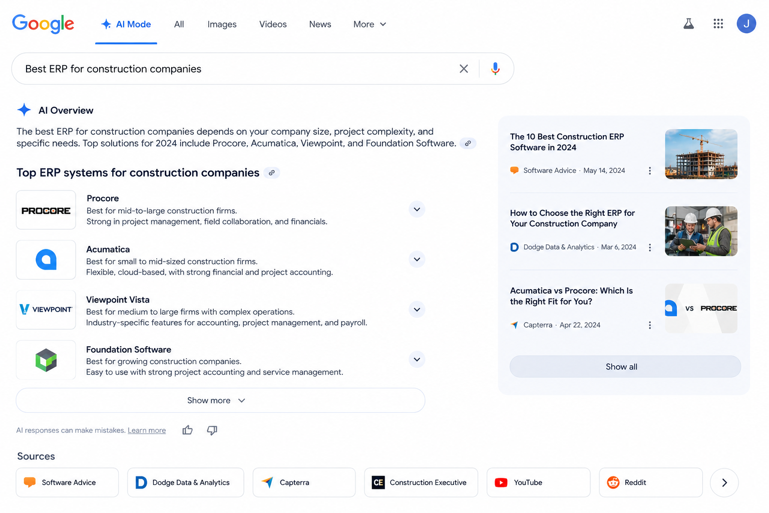 google ai overview for best ERP for construction companies query