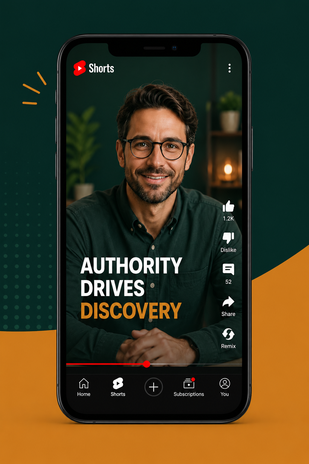 an image of a man doing a you tube short with the words authority drives discovery on the screen