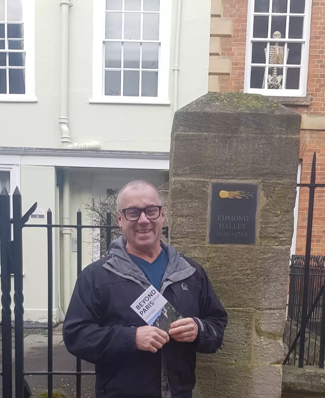 We didn't notice mortality glaring down at us outside the under- acclaimed Edmond Halley's old observatory. 

Thanks to this client who came from Air BnB experiences, for being so excited and happy to have my book.