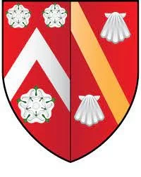 A coat of arms shield divided into two halves, with a white chevron and white floral symbols on the left side, and a gold diagonal stripe with two white scallop shells on the right side.