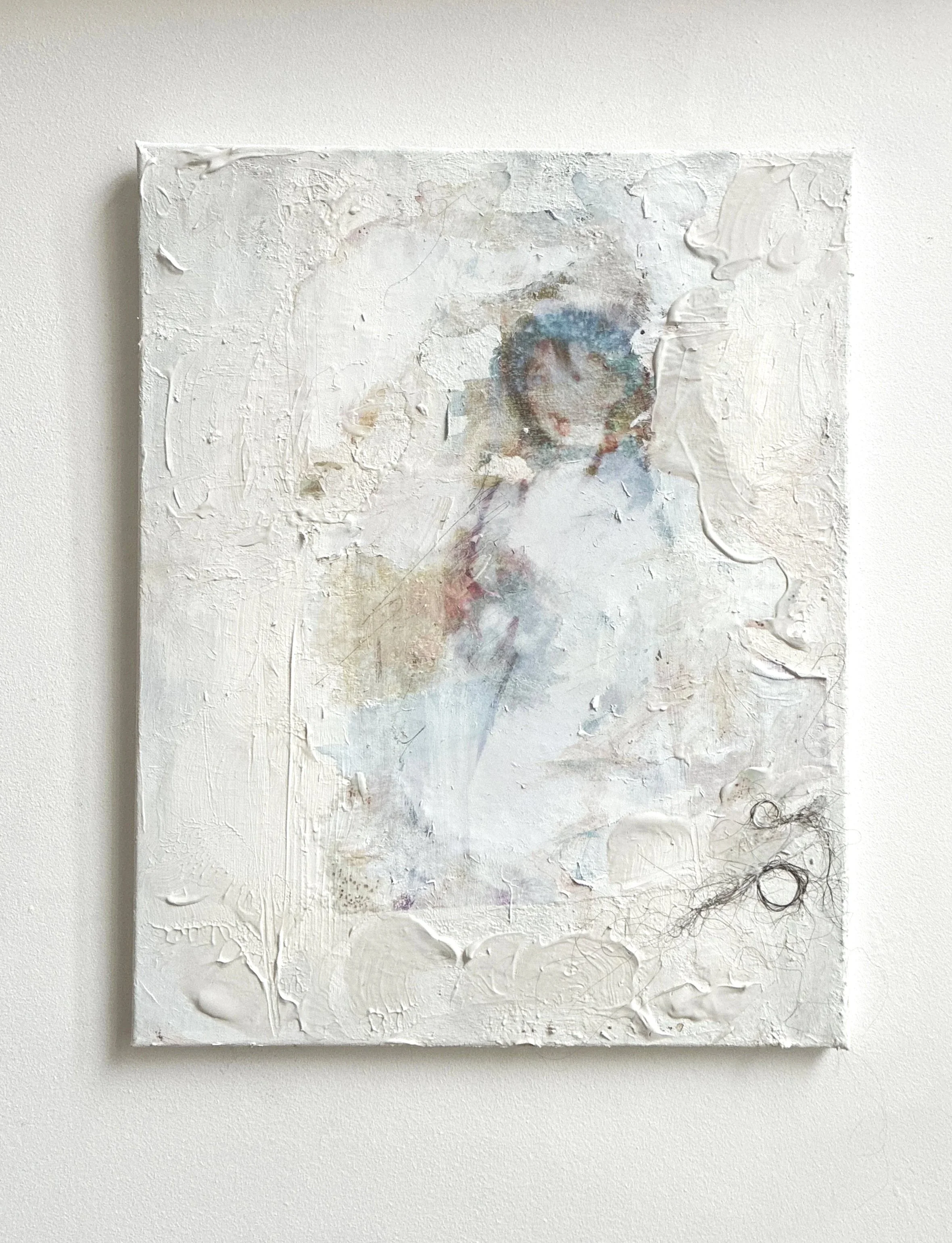Somewhere To Hold You, 2026
(acrylic, texture paste, gloss gel transfer, paper, hair, canvas)

Mixed media work exploring repression through a neurodivergent perspective