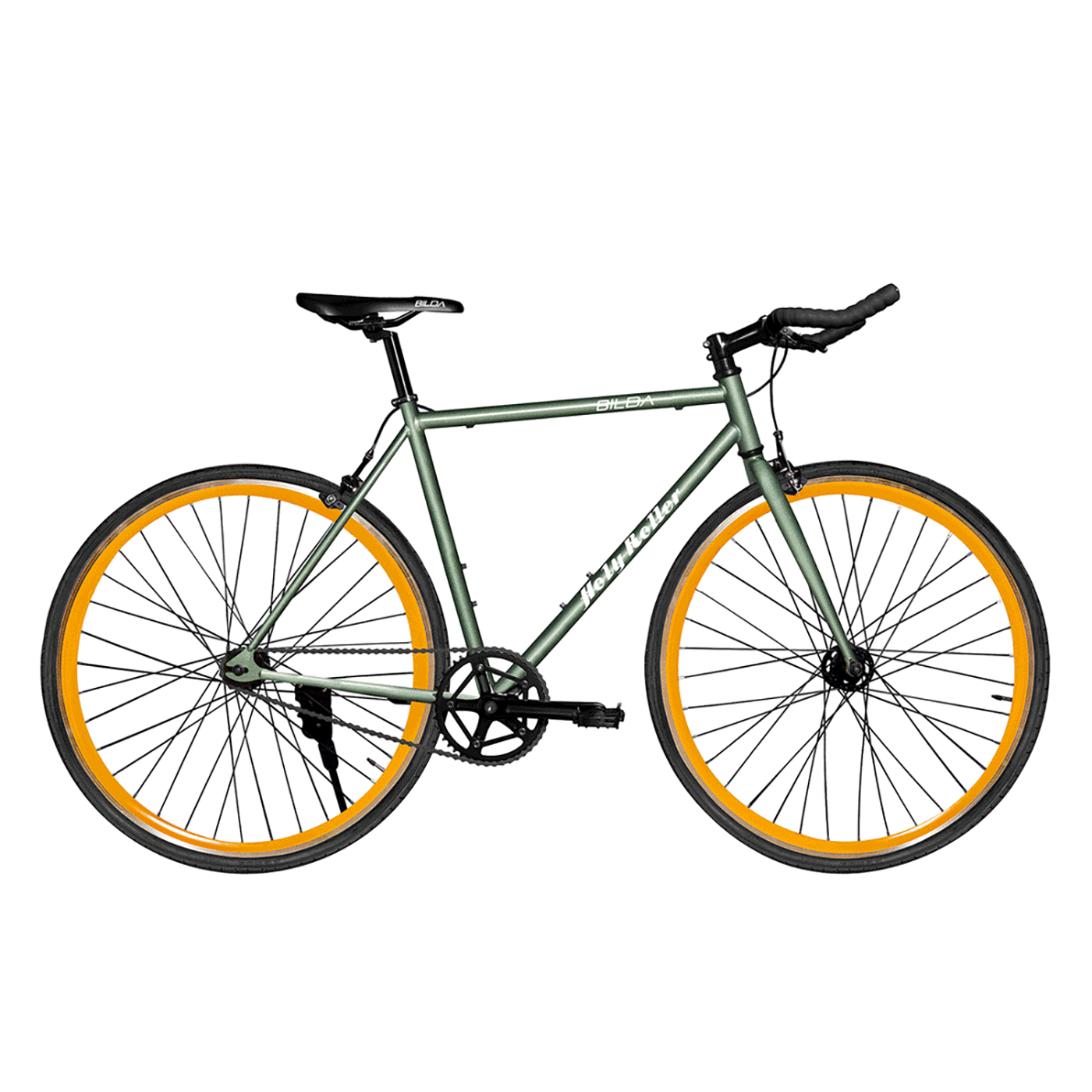 Green single-speed bike with yellow rims and black handlebars on a white background.