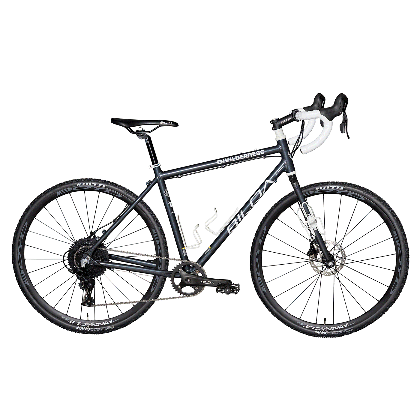 Gravel bike with drop handlebars, black frame, and disc brakes